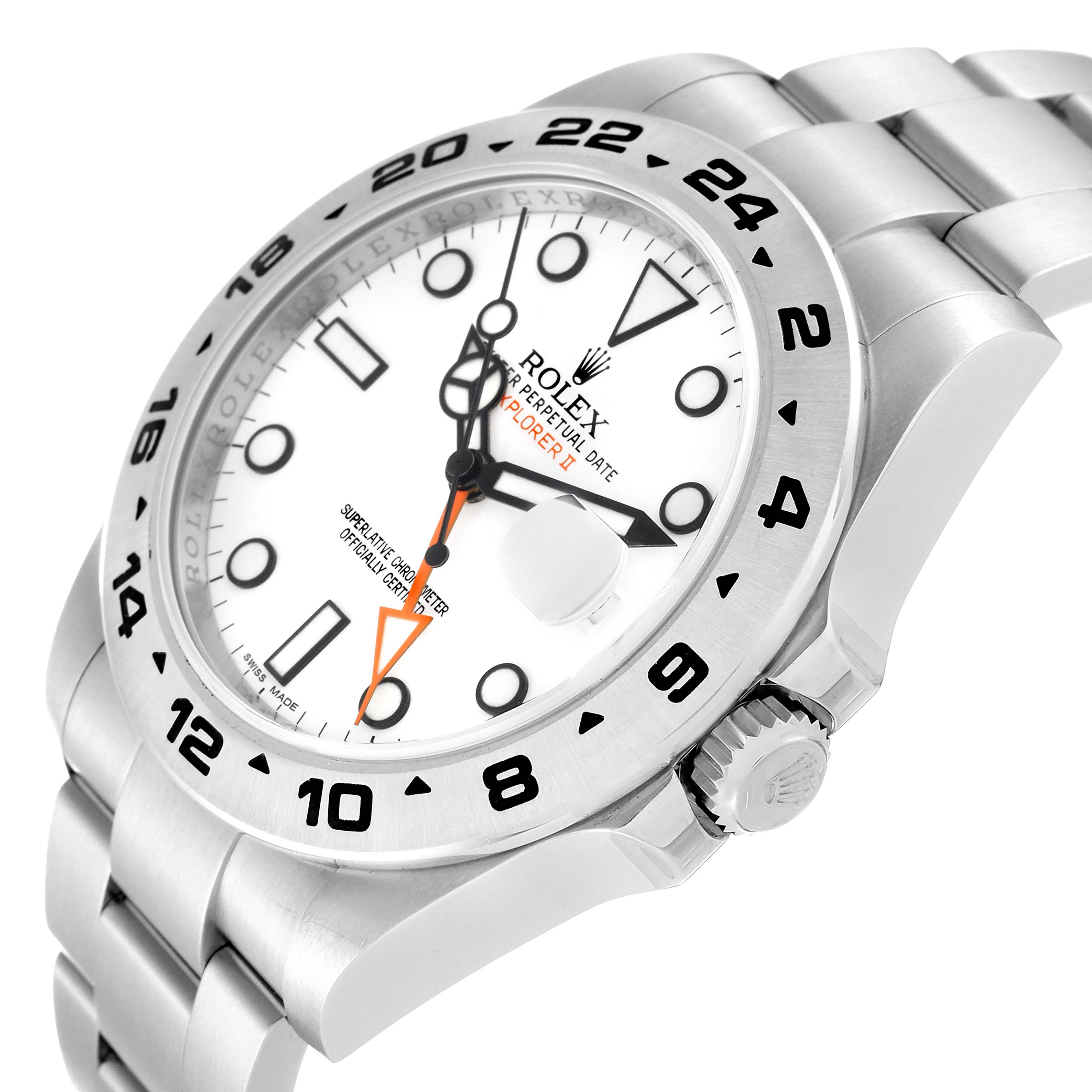 This image shows a Rolex Explorer 216570 Men's Stainless Steel White Dial 216570 Men's Stainless Steel White Dial watch model from an angle that displays the face, bezel, crown, and part of the bracelet.