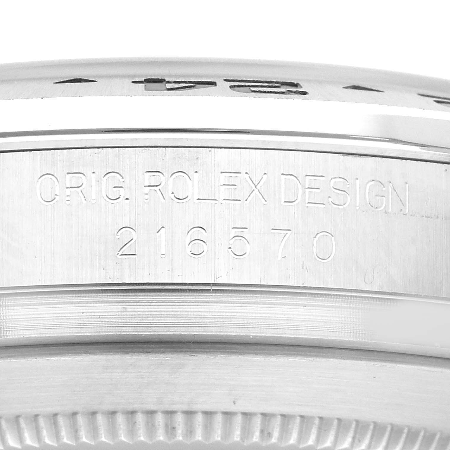 This image shows a close-up of the side case engraving of a Rolex Explorer 216570 Men's Stainless Steel White Dial 216570 Men's Stainless Steel White Dial watch, featuring the model number 216570.