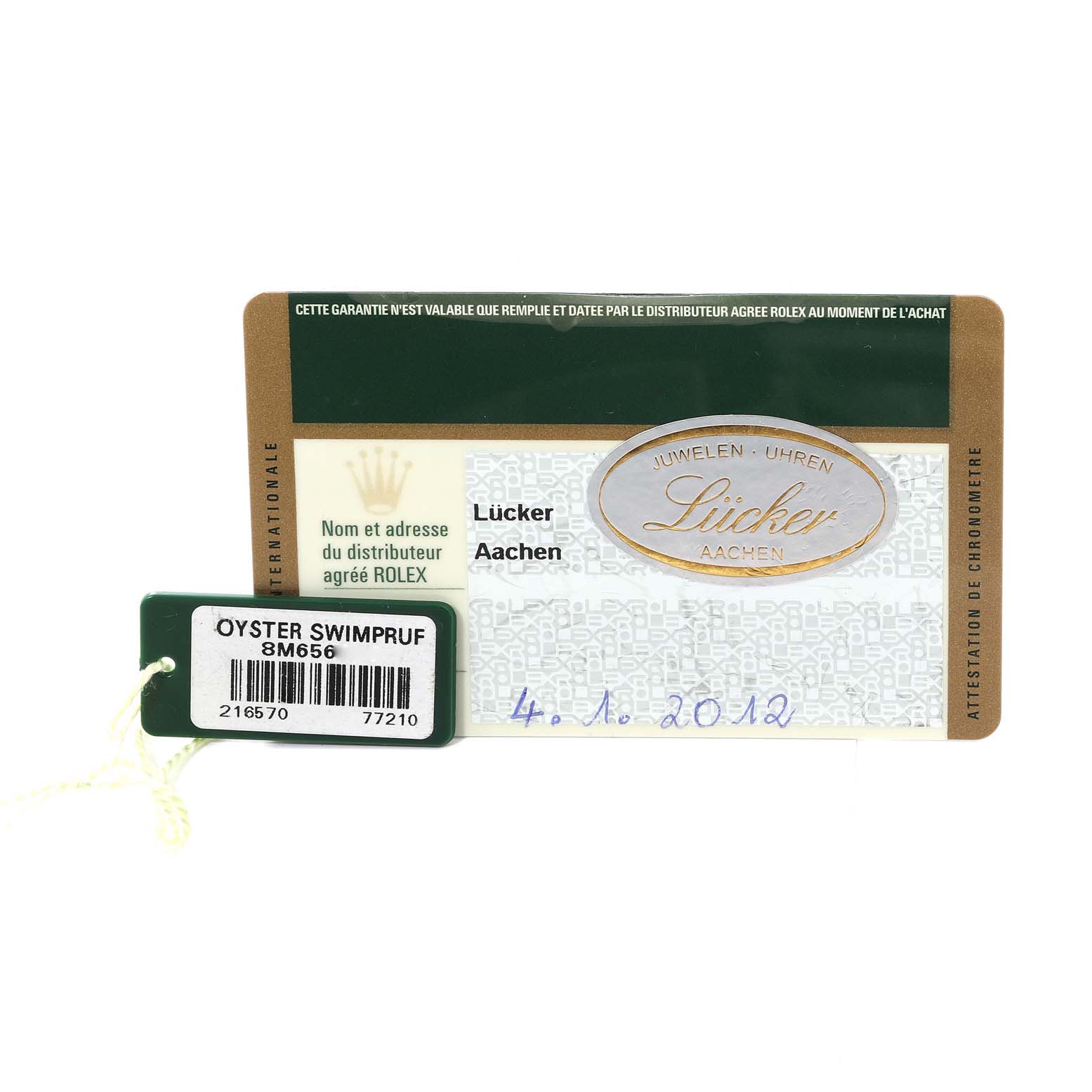 The image shows a warranty card and a swim-proof tag for a Rolex Explorer 216570 Men's Stainless Steel White Dial 216570 Men's Stainless Steel White Dial watch.