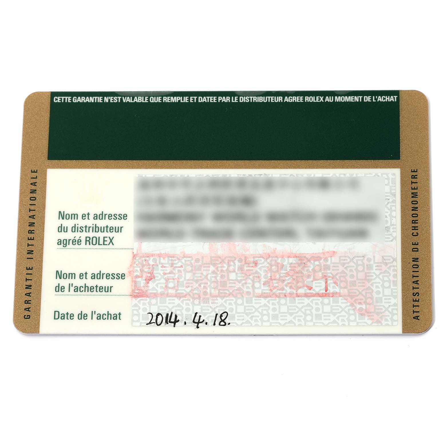 This is a warranty card for the Rolex Explorer 216570 Men
s Stainless Steel White Dial 216570 Men
s Stainless Steel White Dial model, showing the purchase date and dealer information.