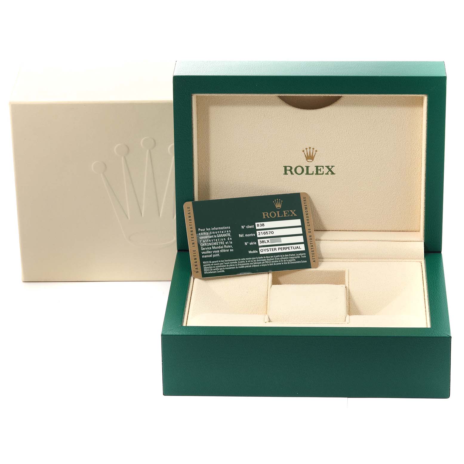 The image shows the packaging and warranty card for a Rolex Explorer 216570 Men
s Stainless Steel White Dial 216570 Men
s Stainless Steel White Dial watch, featuring the box and card inside.
