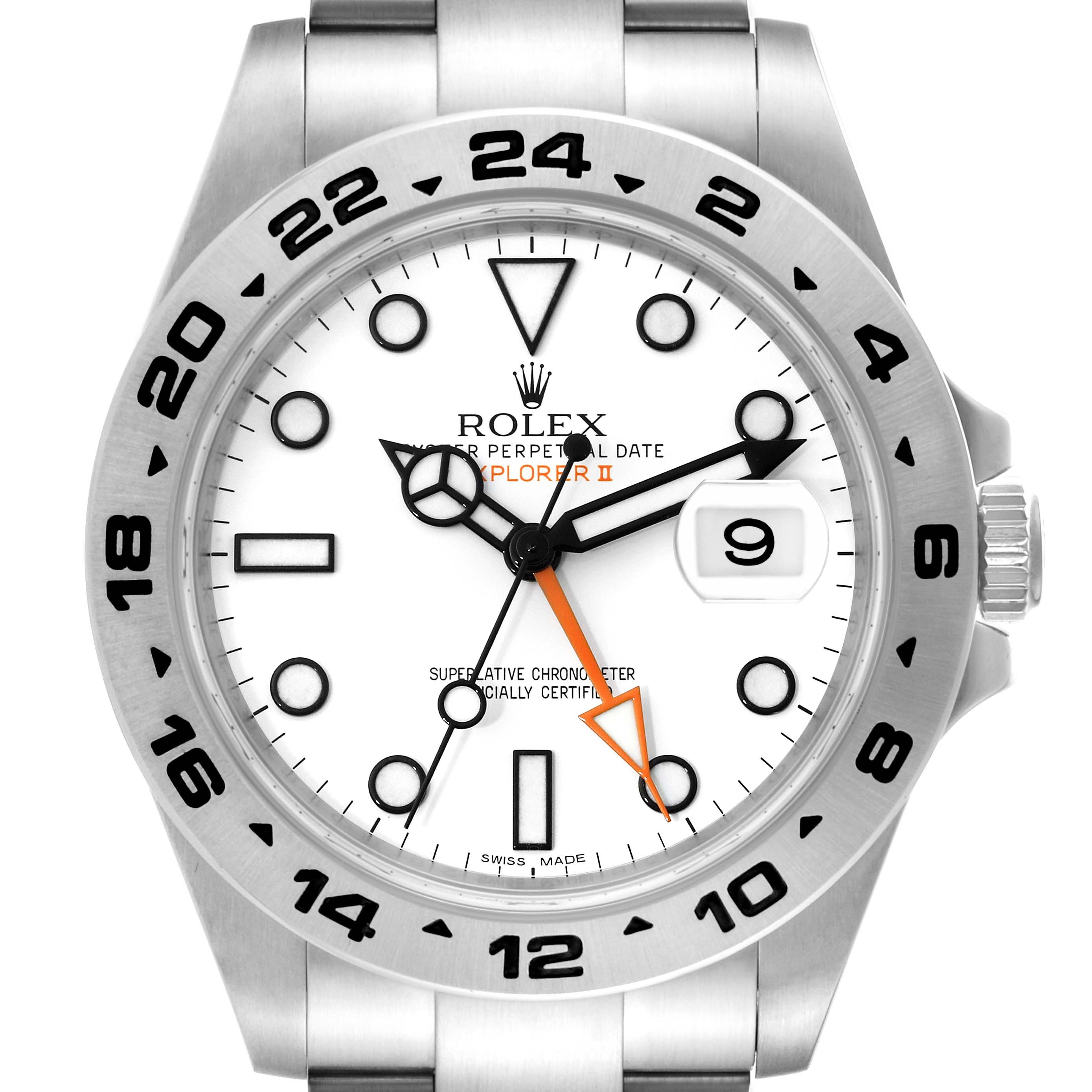 This is a front-facing view of the Rolex Explorer 216570 Men
s Stainless Steel White Dial 216570 Men
s Stainless Steel White Dial watch, showing the dial, hands, bezel, and part of the bracelet.