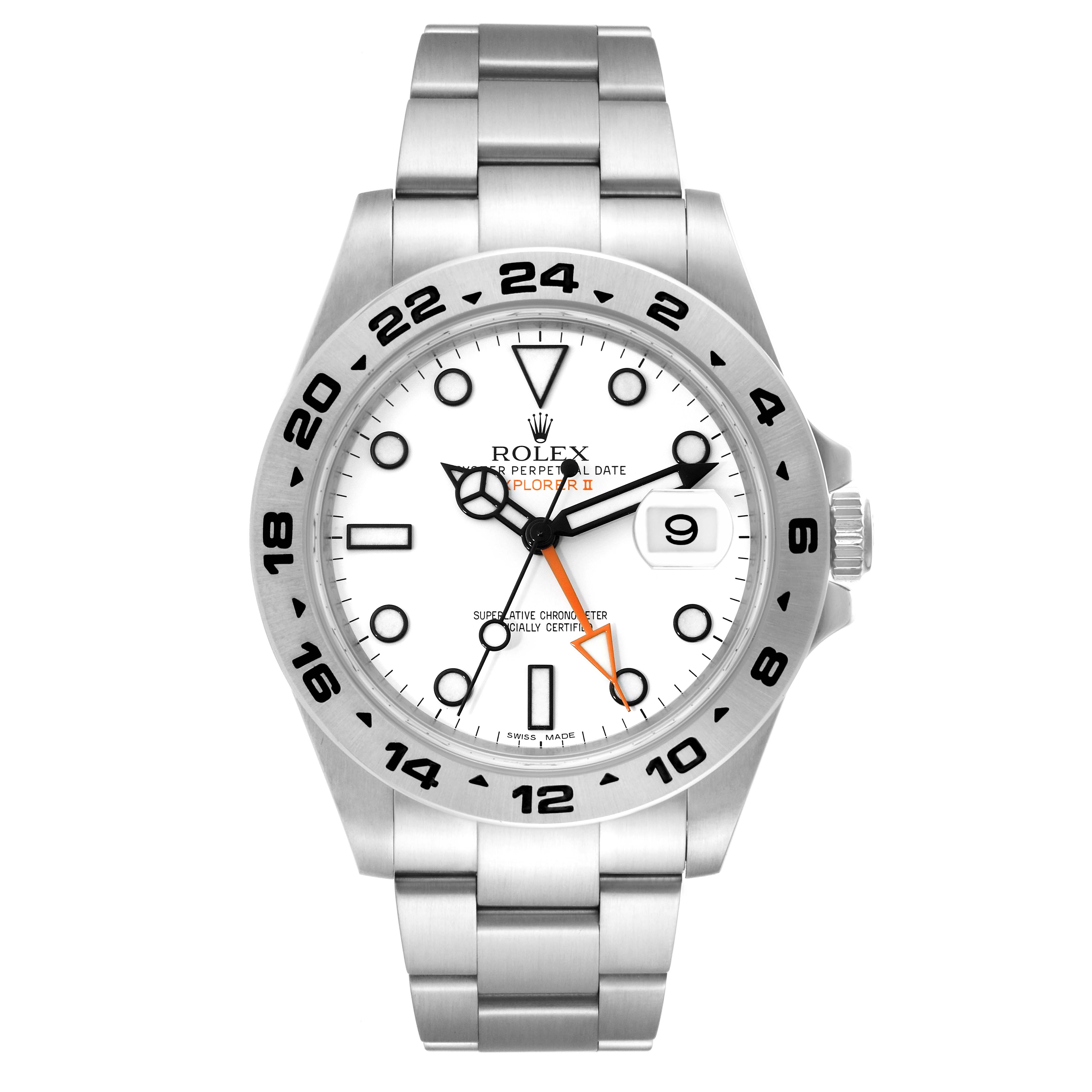 This image shows a front view of the Rolex Explorer 216570 Men
s Stainless Steel White Dial 216570 Men
s Stainless Steel White Dial watch, showcasing its face, bezel, crown, and bracelet.