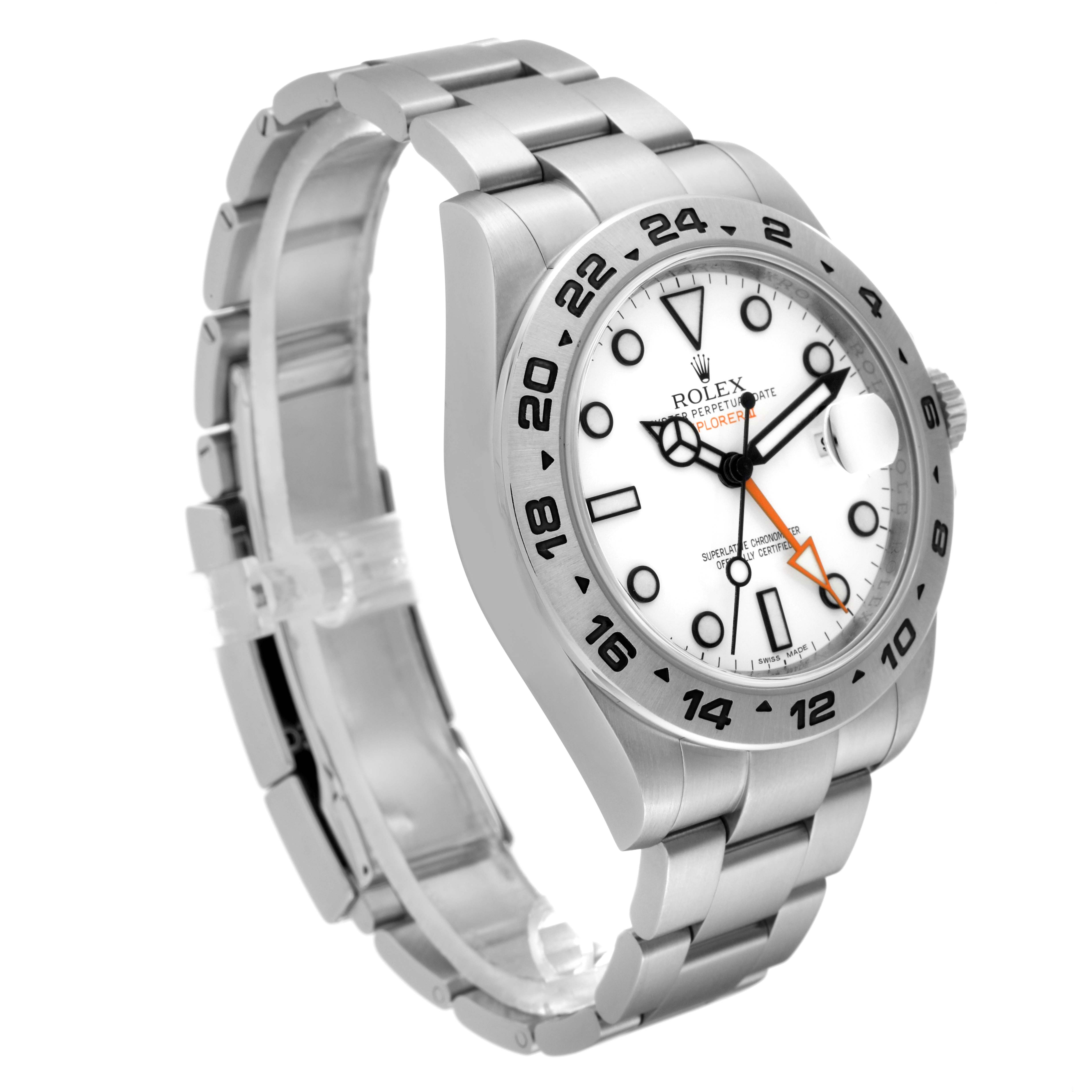 The Rolex Explorer 216570 Men
s Stainless Steel White Dial 216570 Men
s Stainless Steel White Dial model watch is shown from a slight side angle, displaying the face, bezel, and part of the bracelet.