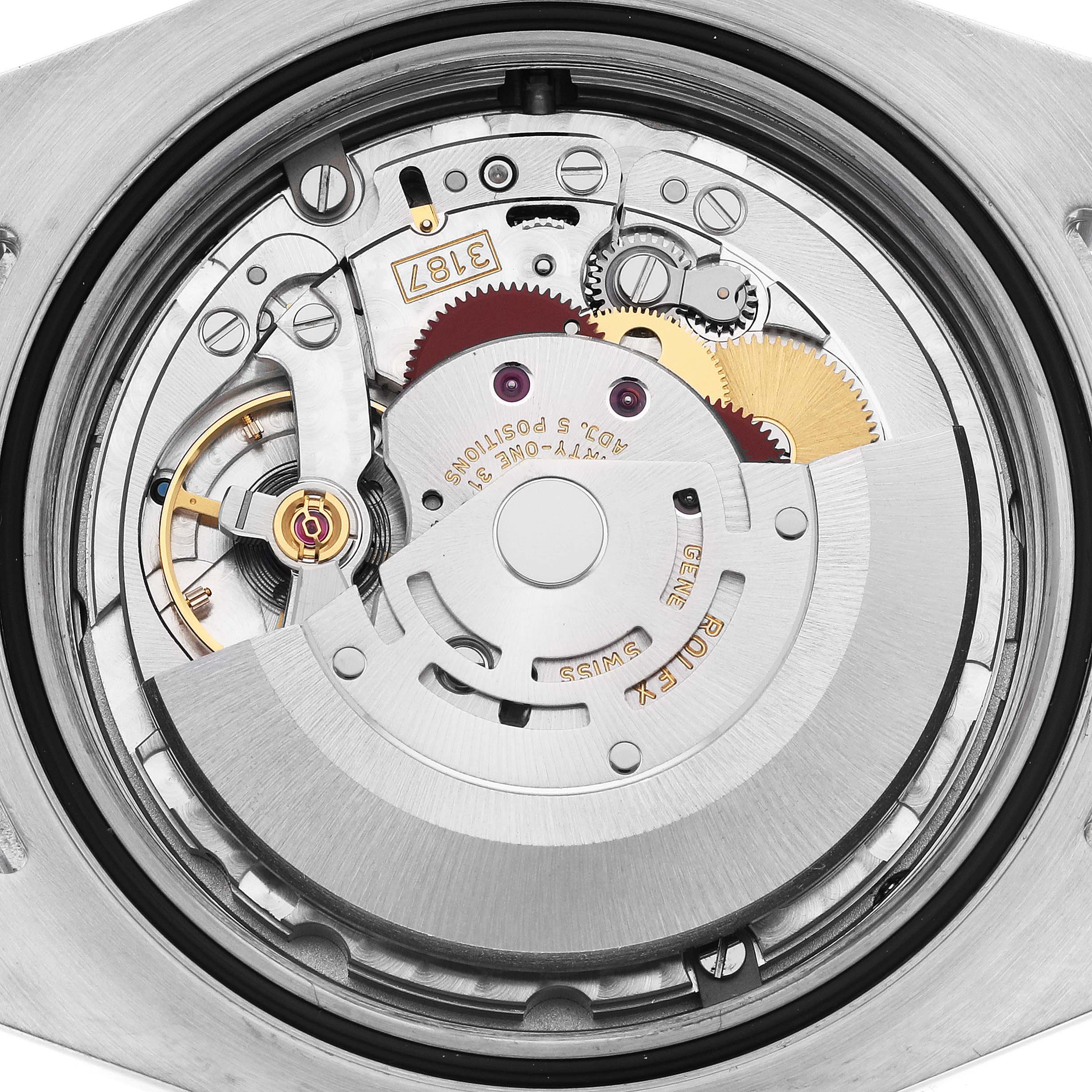 This image shows a close-up of the movement mechanism of a Rolex Explorer 216570 Men
s Stainless Steel White Dial 216570 Men
s Stainless Steel White Dial watch.