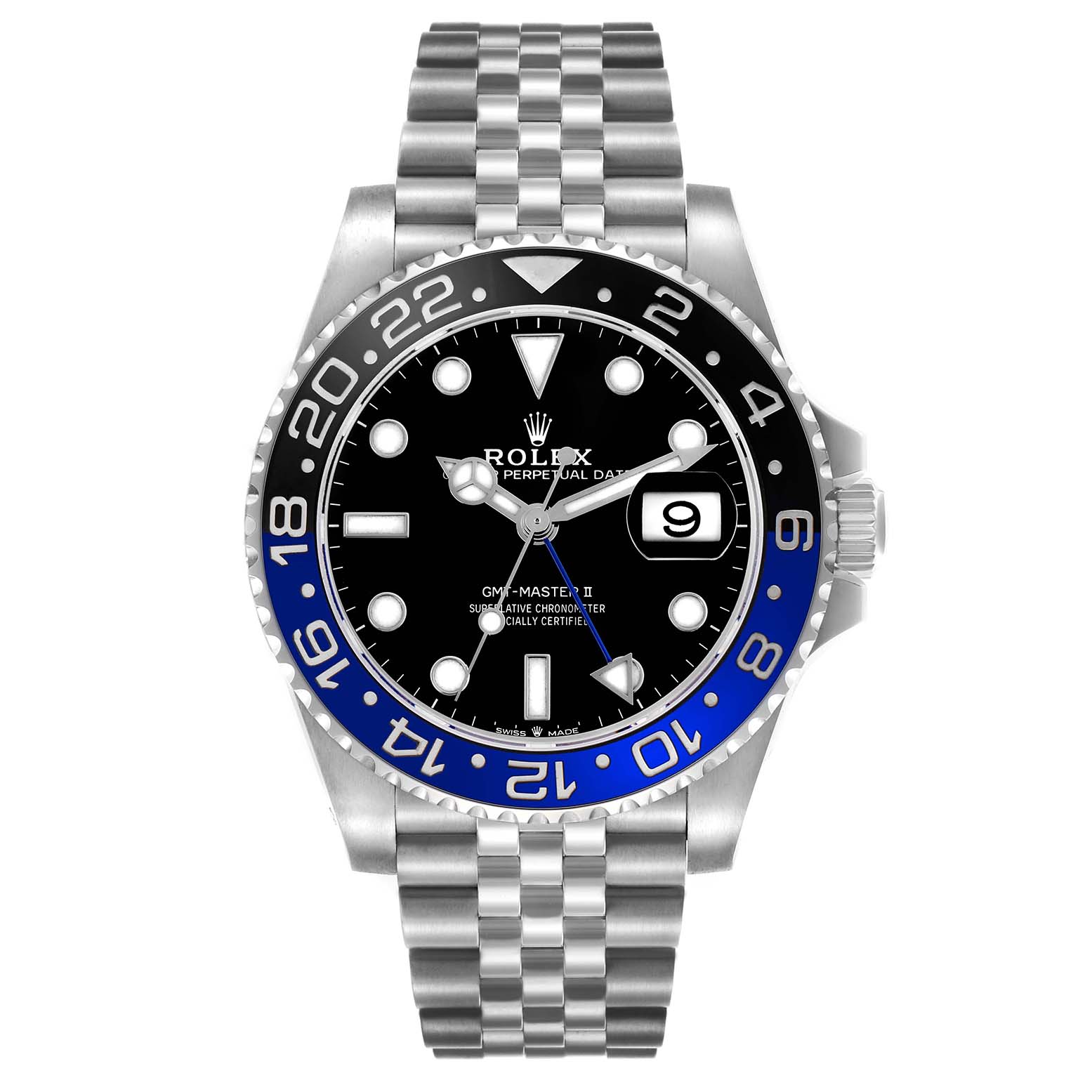The Rolex GMT-Master 126710 Men's Stainless Steel Black Dial 126710 Men's Stainless Steel Black Dial watch is shown from a front angle, displaying the bezel, dial, hands, bracelet, and date window.
