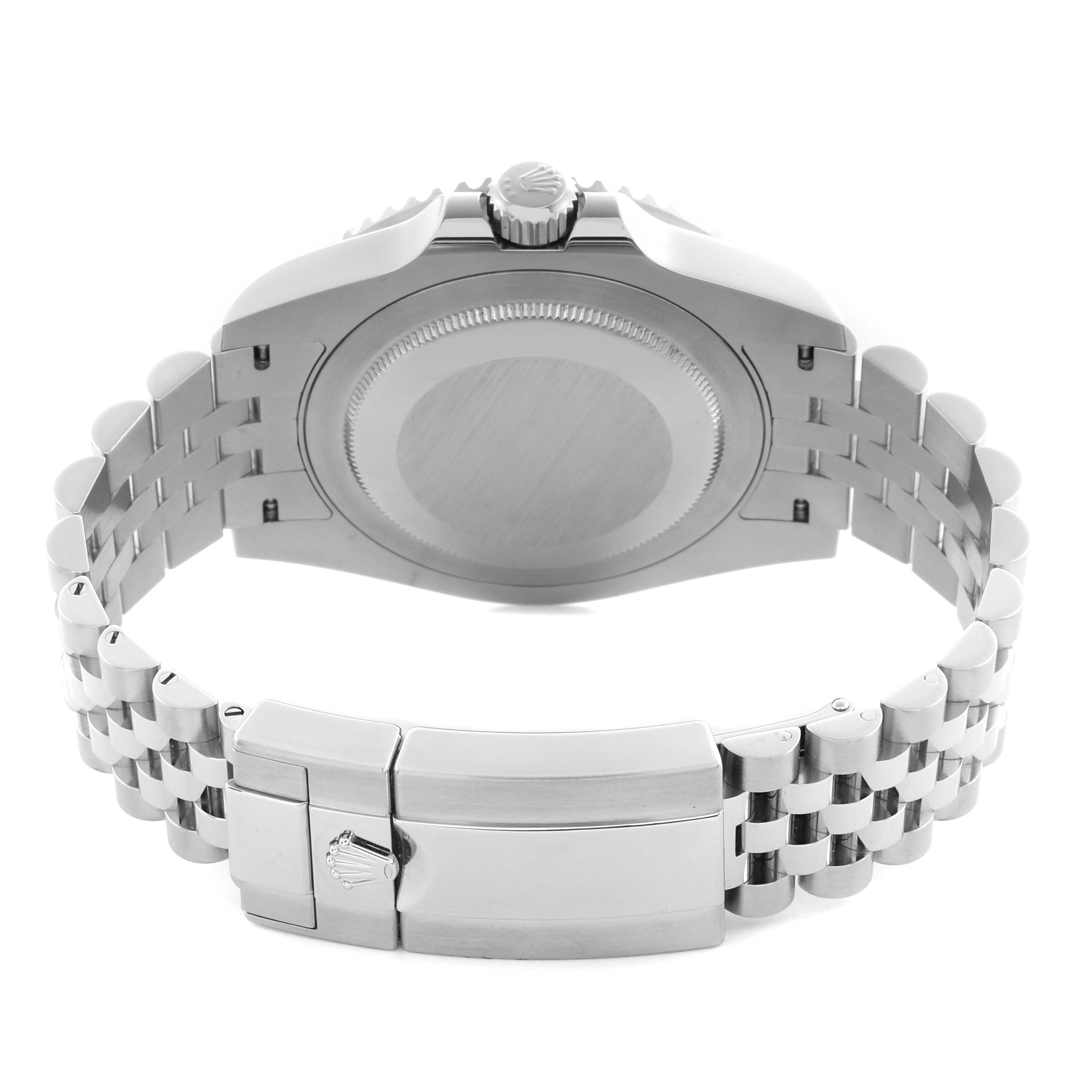 The image shows the back of a Rolex GMT-Master 126710 Men's Stainless Steel Black Dial 126710 Men's Stainless Steel Black Dial watch, highlighting the case back and bracelet clasp.