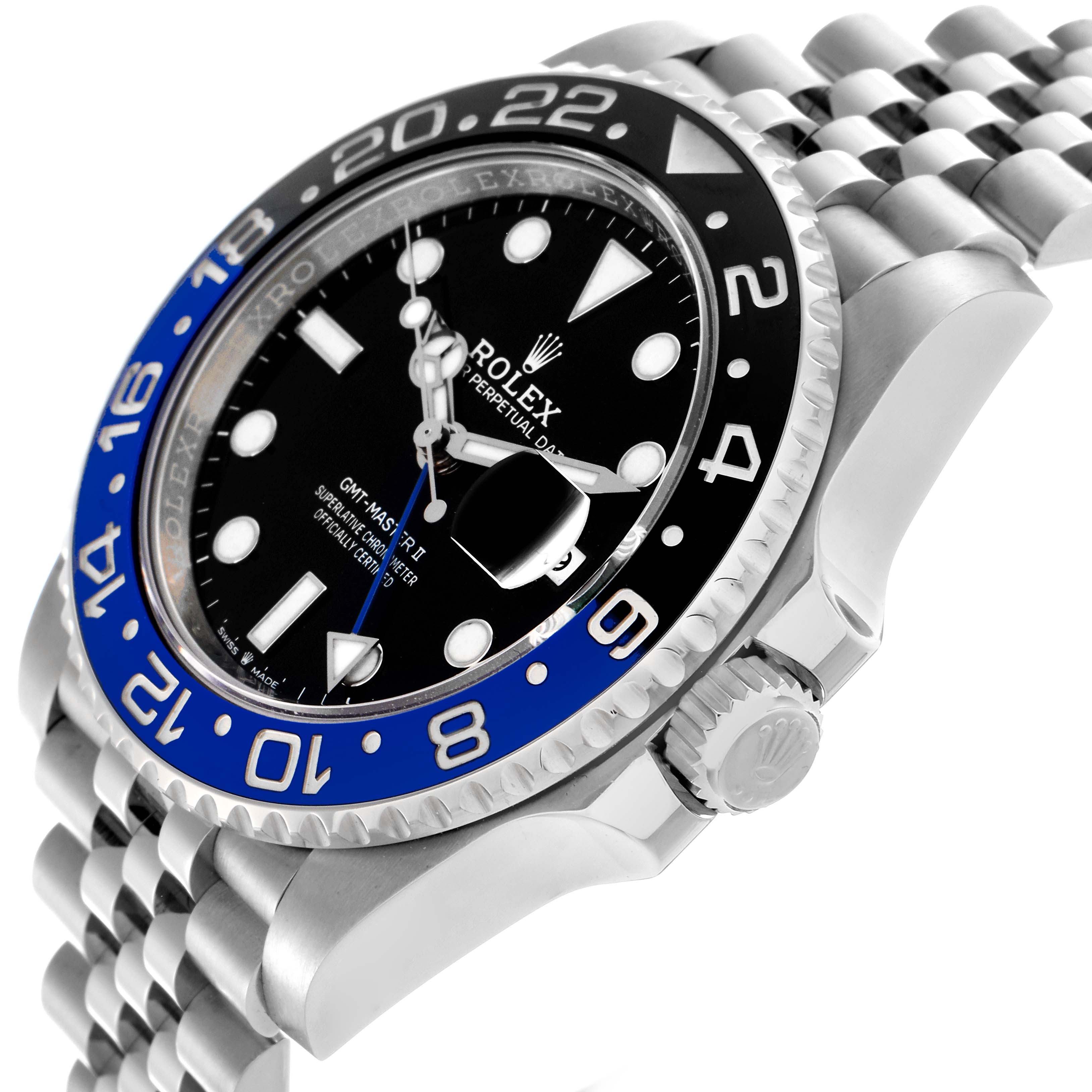 The Rolex GMT-Master 126710 Men's Stainless Steel Black Dial 126710 Men's Stainless Steel Black Dial watch is shown from a front-side angle, highlighting the bezel, dial, crown, and bracelet.