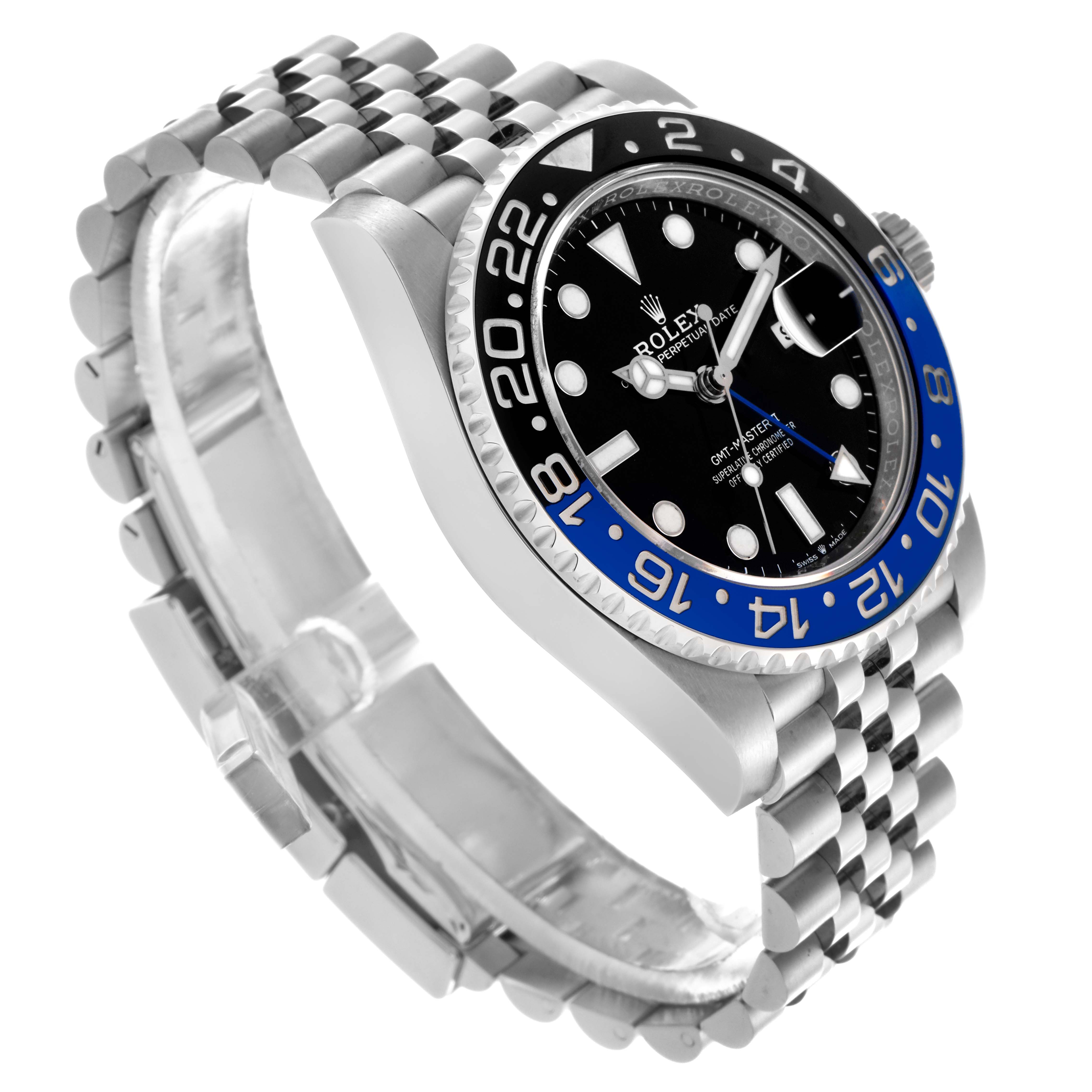 The Rolex GMT-Master 126710 Men's Stainless Steel Black Dial 126710 Men's Stainless Steel Black Dial watch is shown at a three-quarter angle, highlighting the bezel, dial, bracelet, and crown.