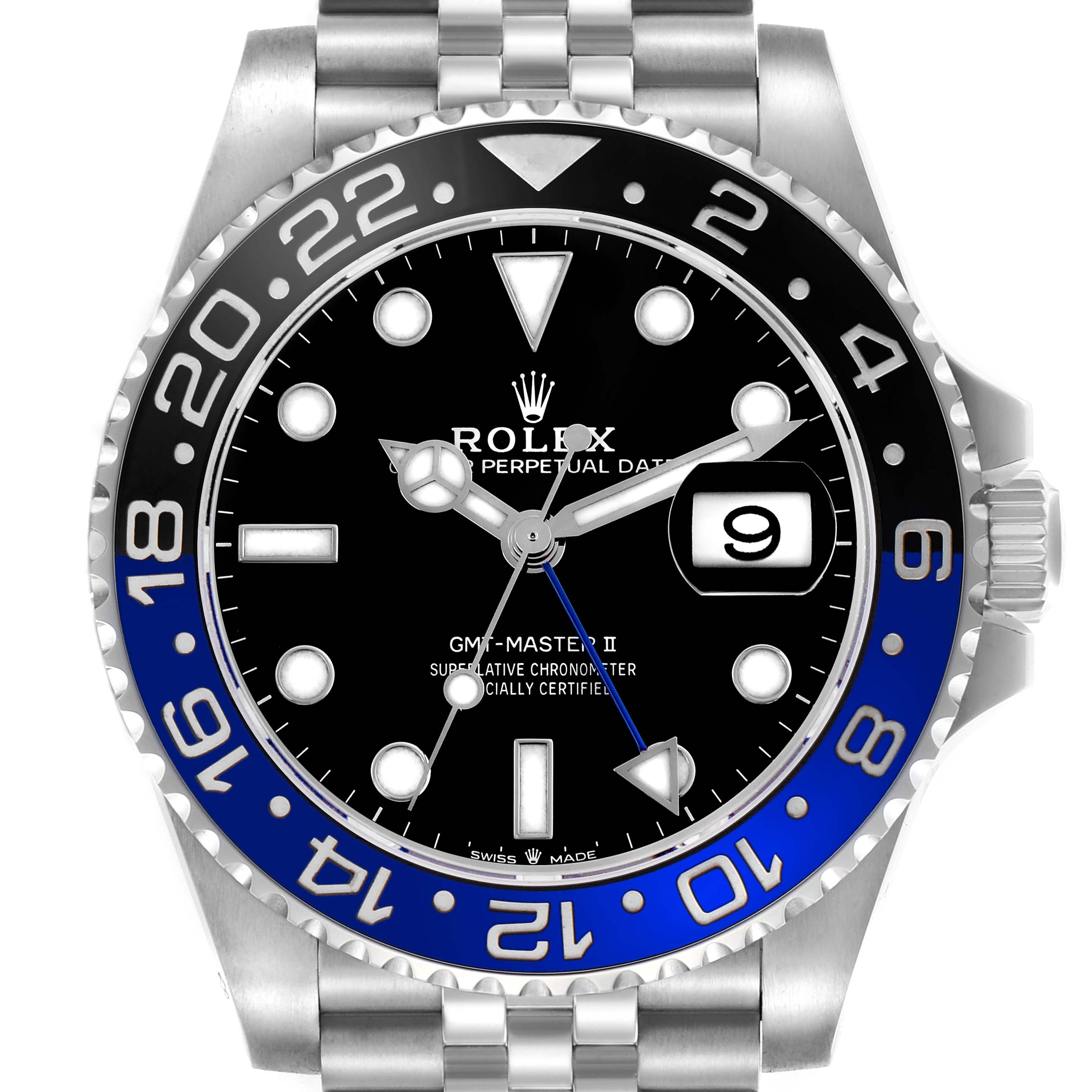 The Rolex GMT-Master 126710 Men's Stainless Steel Black Dial 126710 Men's Stainless Steel Black Dial watch is shown from the front, highlighting the dial, bezel, and part of the metal bracelet.