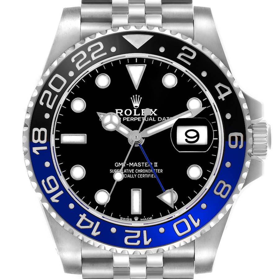 The Rolex GMT-Master watch is shown from the front, highlighting the dial, bezel, and part of the metal bracelet.