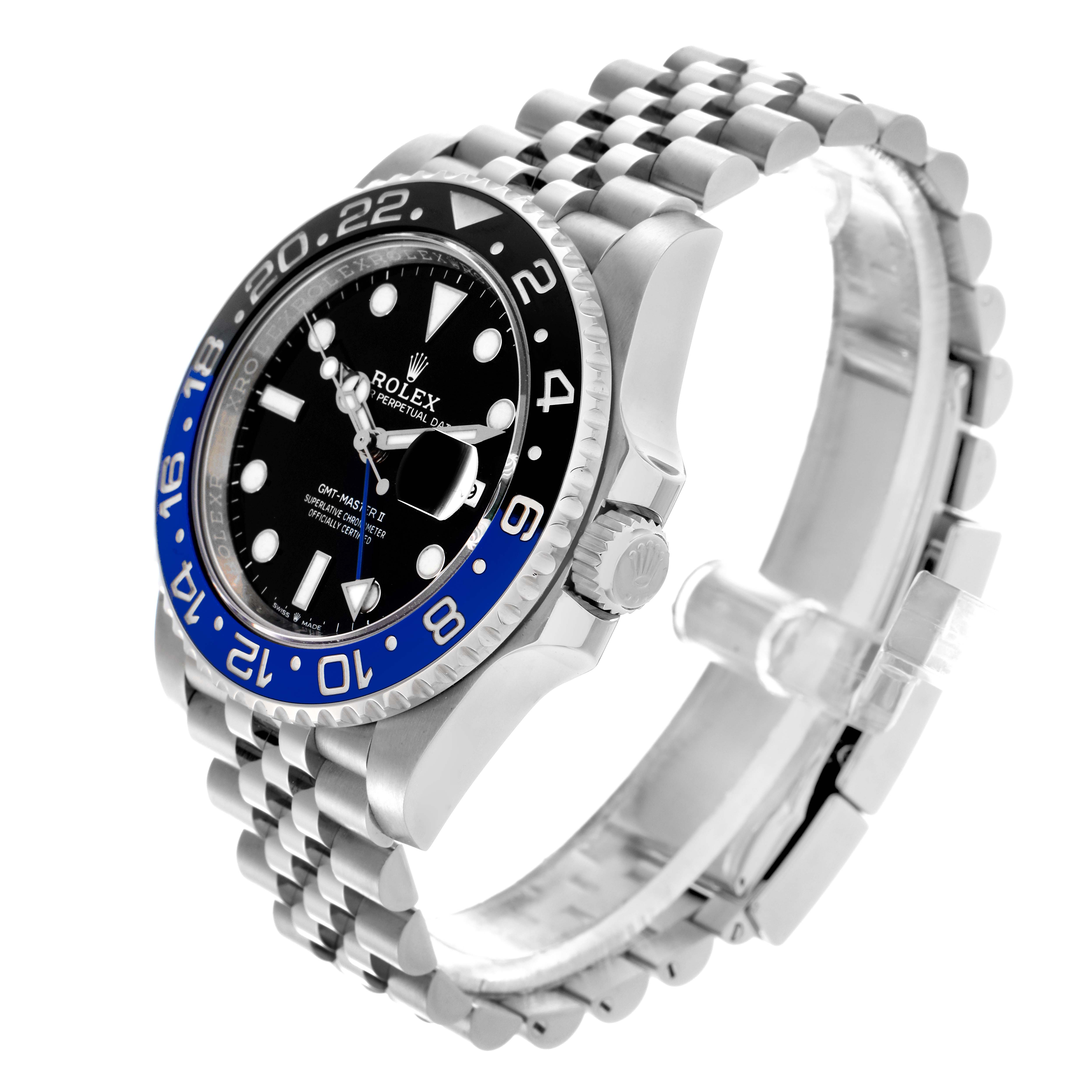 The Rolex GMT-Master 126710 Men's Stainless Steel Black Dial 126710 Men's Stainless Steel Black Dial watch is shown at a slight angle, highlighting the bezel, dial, and part of the bracelet.