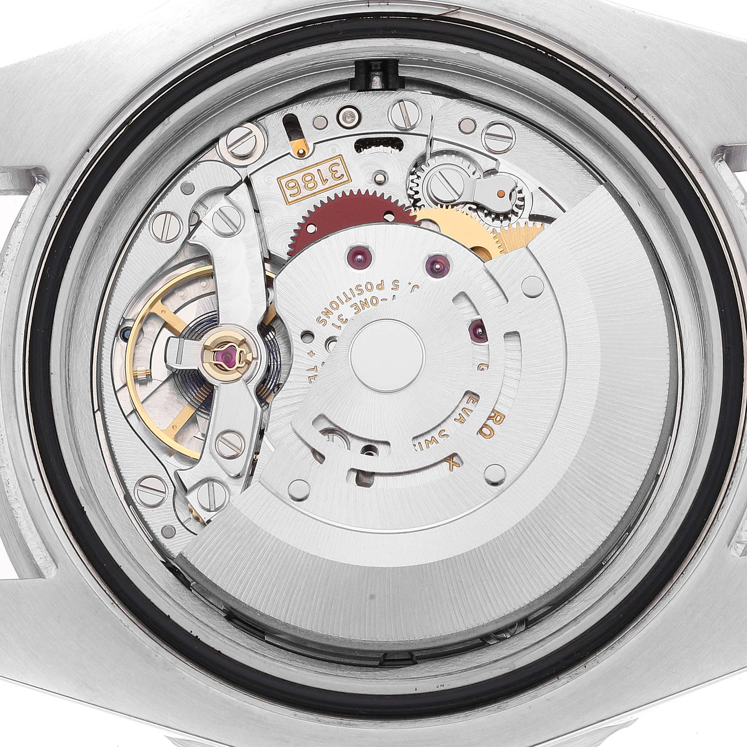 The image shows the open case back of a Rolex GMT-Master 116710 Men
s Stainless Steel Black Dial 116710 Men
s Stainless Steel Black Dial, revealing its intricate mechanical movement.