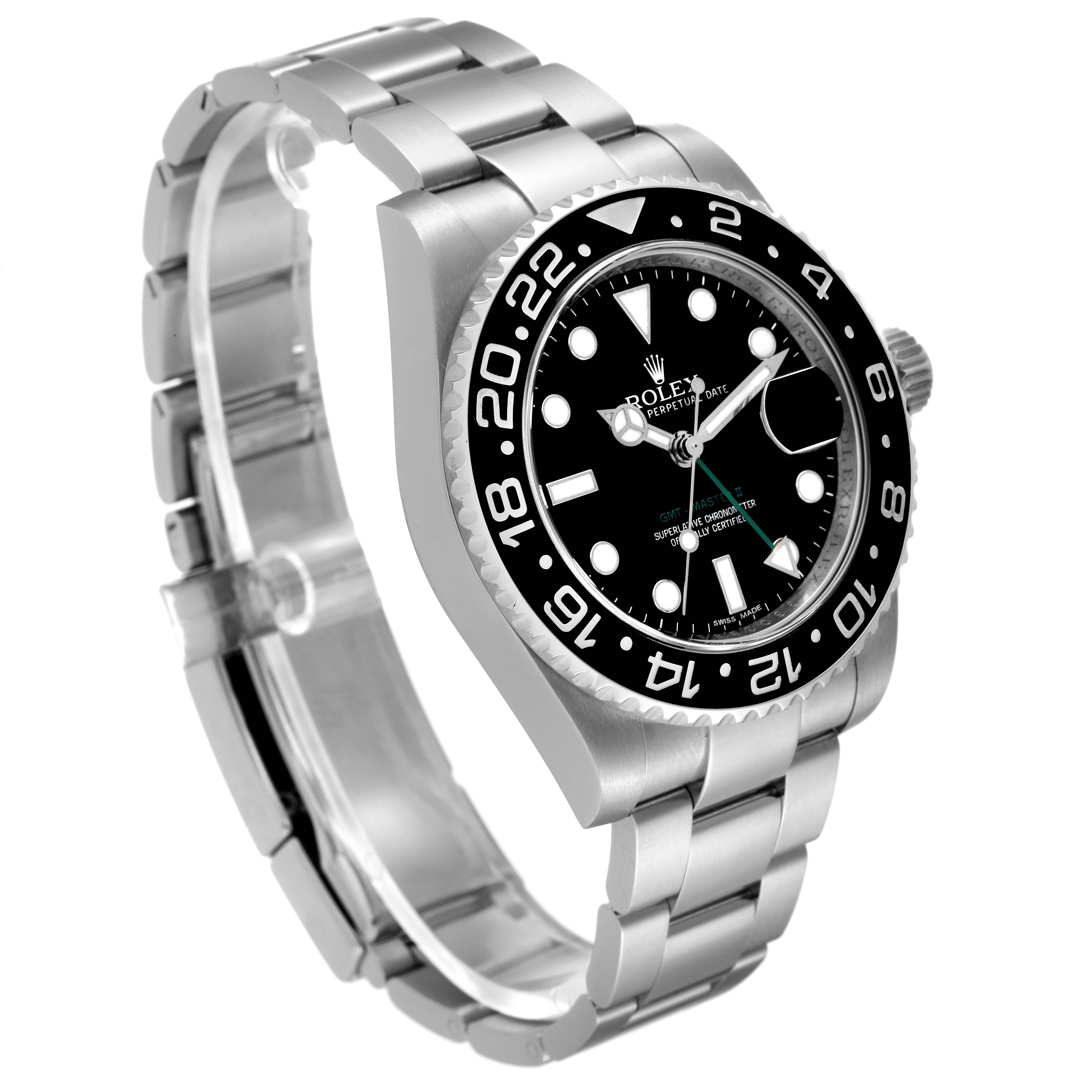 The image shows a Rolex GMT-Master 116710 Men
s Stainless Steel Black Dial 116710 Men
s Stainless Steel Black Dial watch in a three-quarter angle, highlighting the dial, bezel, and bracelet.