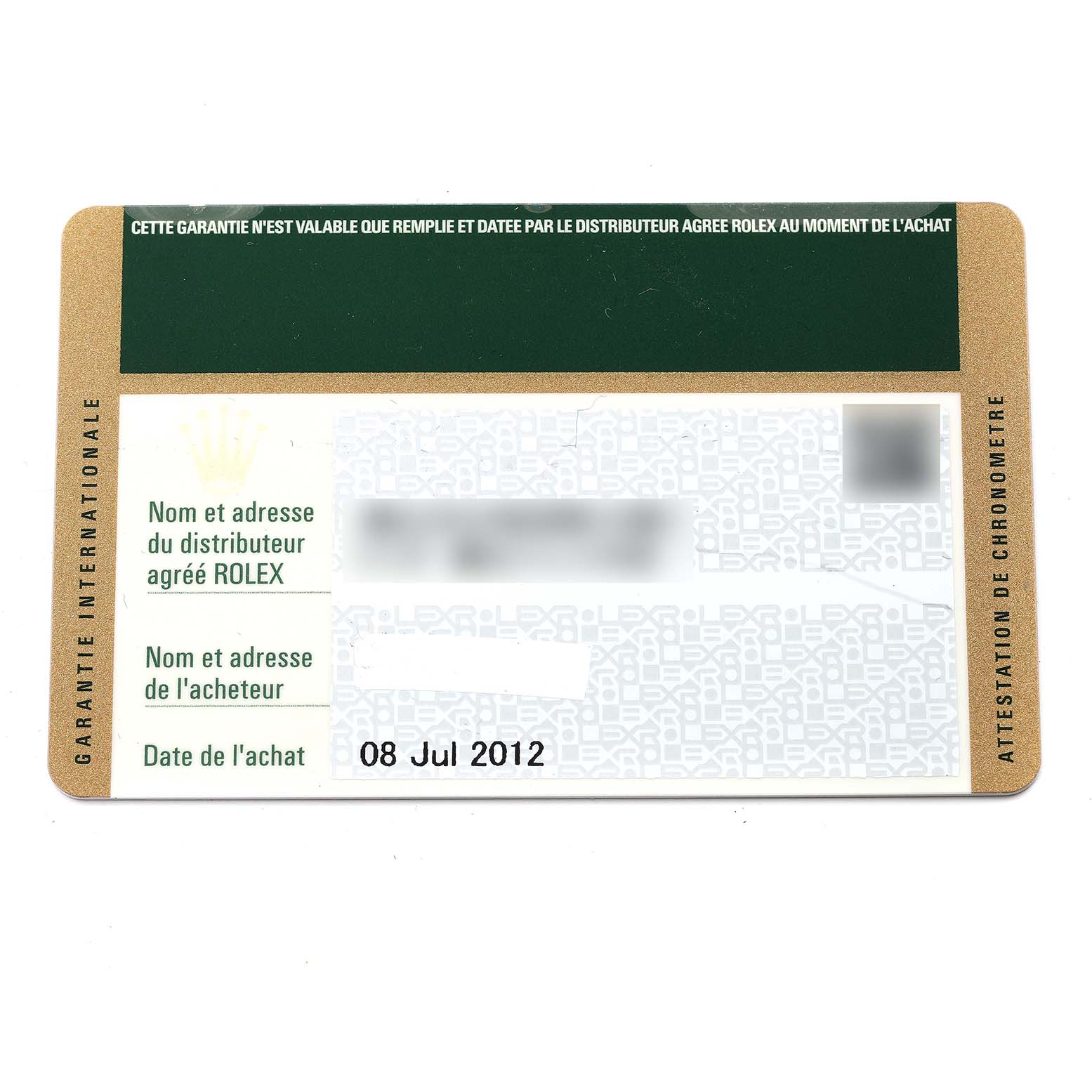 The image shows a Rolex GMT-Master 116710 Men
s Stainless Steel Black Dial 116710 Men
s Stainless Steel Black Dial warranty card.