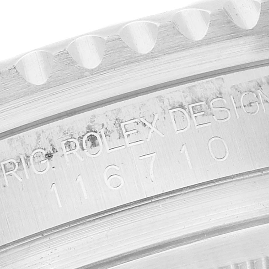 The image shows a close-up view of the engraved bezel and model number on a Rolex GMT-Master 116710 Men
s Stainless Steel Black Dial 116710 Men
s Stainless Steel Black Dial watch.