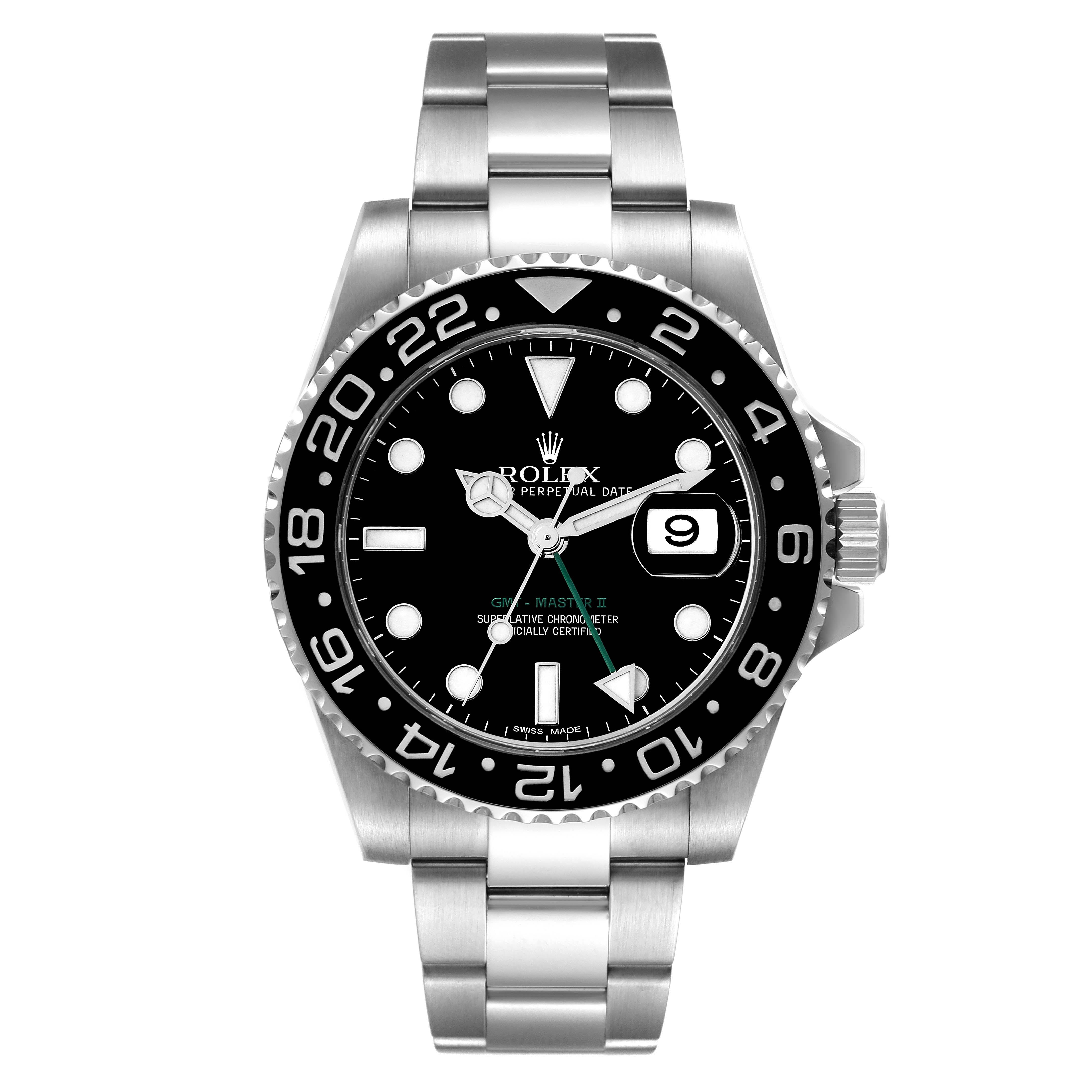 The Rolex GMT-Master 116710 Men
s Stainless Steel Black Dial 116710 Men
s Stainless Steel Black Dial watch is shown from a front angle, displaying the face, bezel, crown, and bracelet.