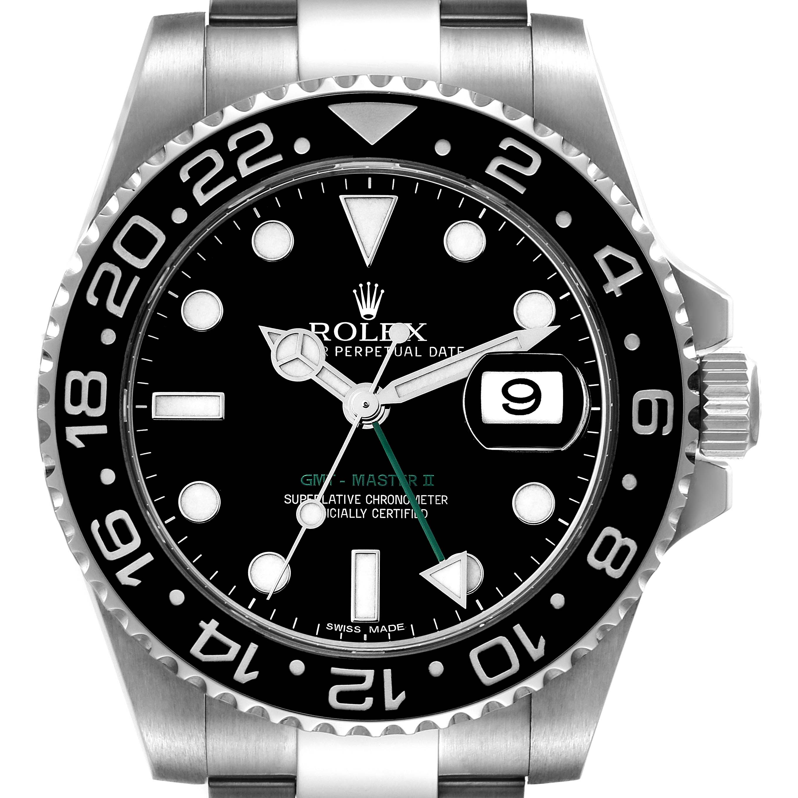 This image shows the front view of a Rolex GMT-Master 116710 Men
s Stainless Steel Black Dial 116710 Men
s Stainless Steel Black Dial II watch, displaying the bezel, dial, hands, and date window.