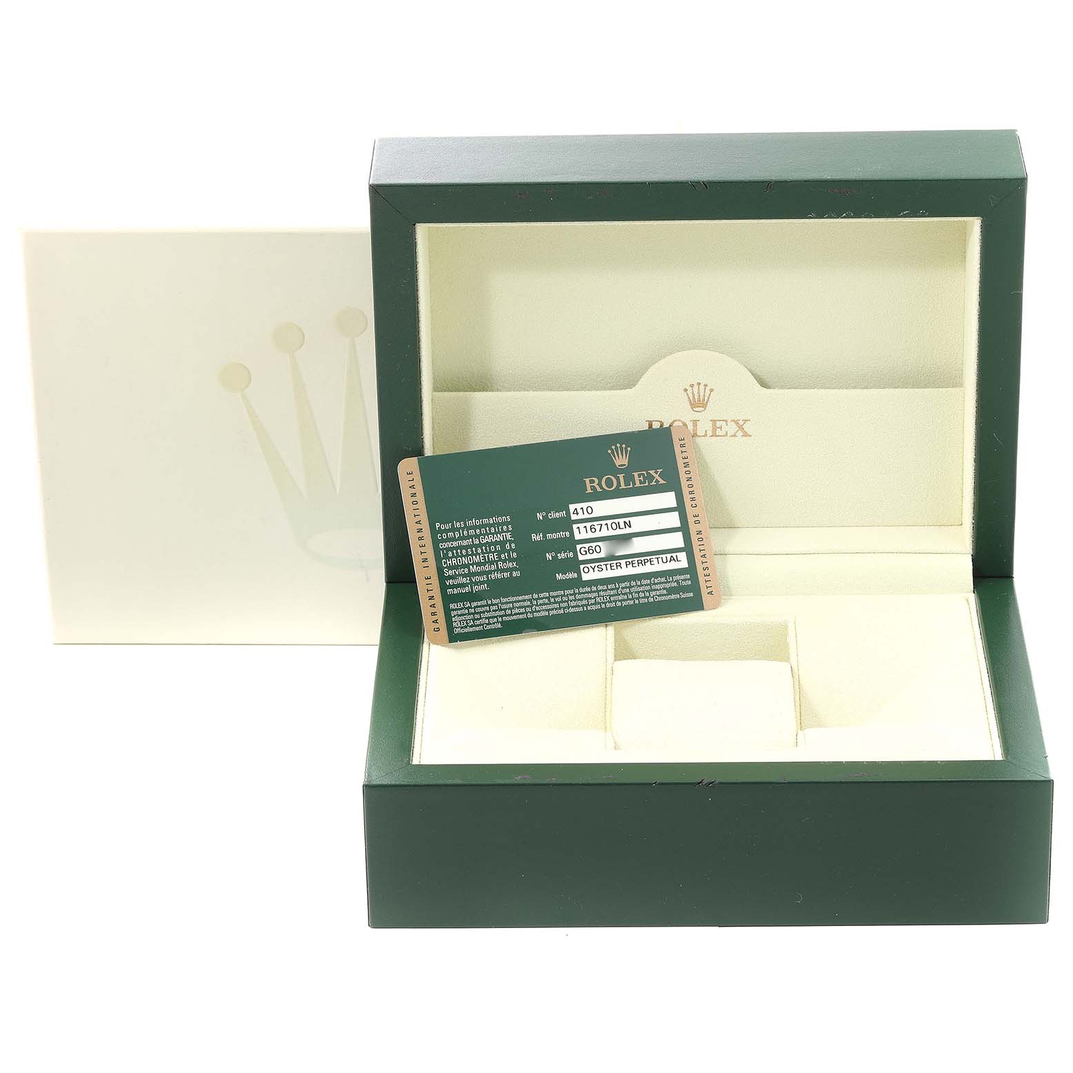 The image shows an open Rolex GMT-Master 116710 Men
s Stainless Steel Black Dial 116710 Men
s Stainless Steel Black Dial watch box and warranty card, angled from the front.