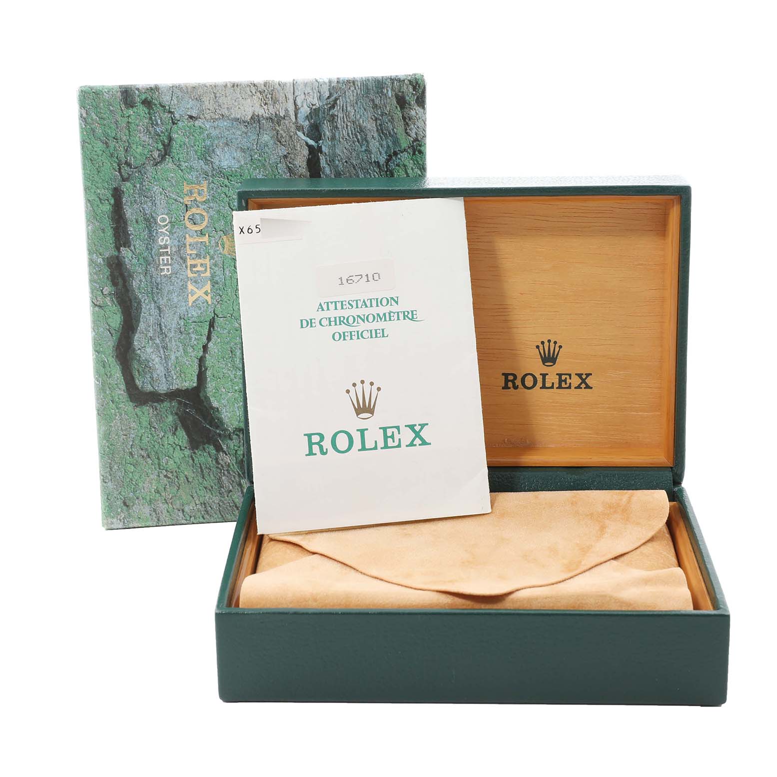 The image shows the packaging and documentation for a Rolex GMT-Master 16710 Men's Stainless Steel Black Dial 16710 Men's Stainless Steel Black Dial, including the outer box, inner box, and certificate.