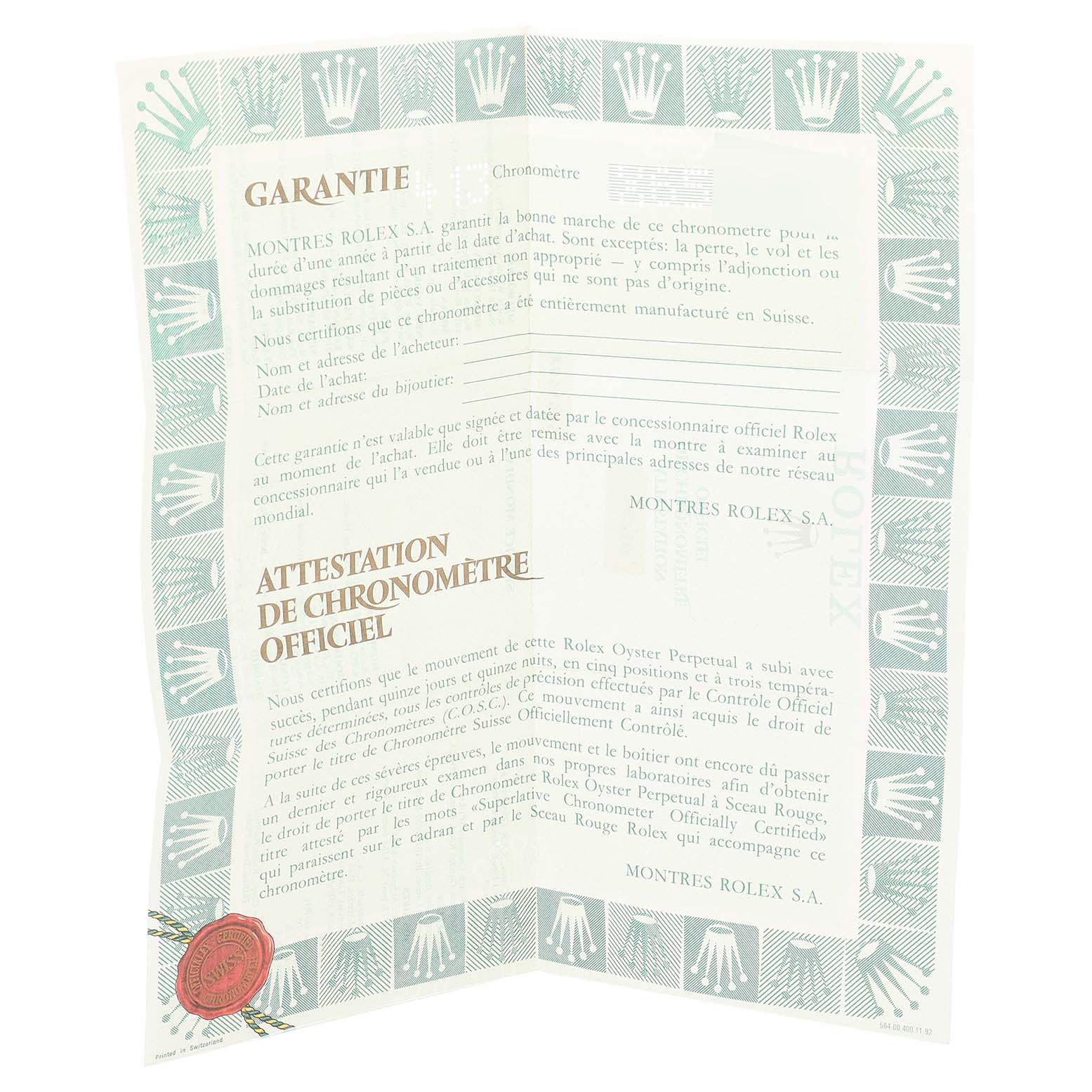 An official warranty and chronometer certification document for a Rolex GMT-Master 16710 Men's Stainless Steel Black Dial 16710 Men's Stainless Steel Black Dial watch.