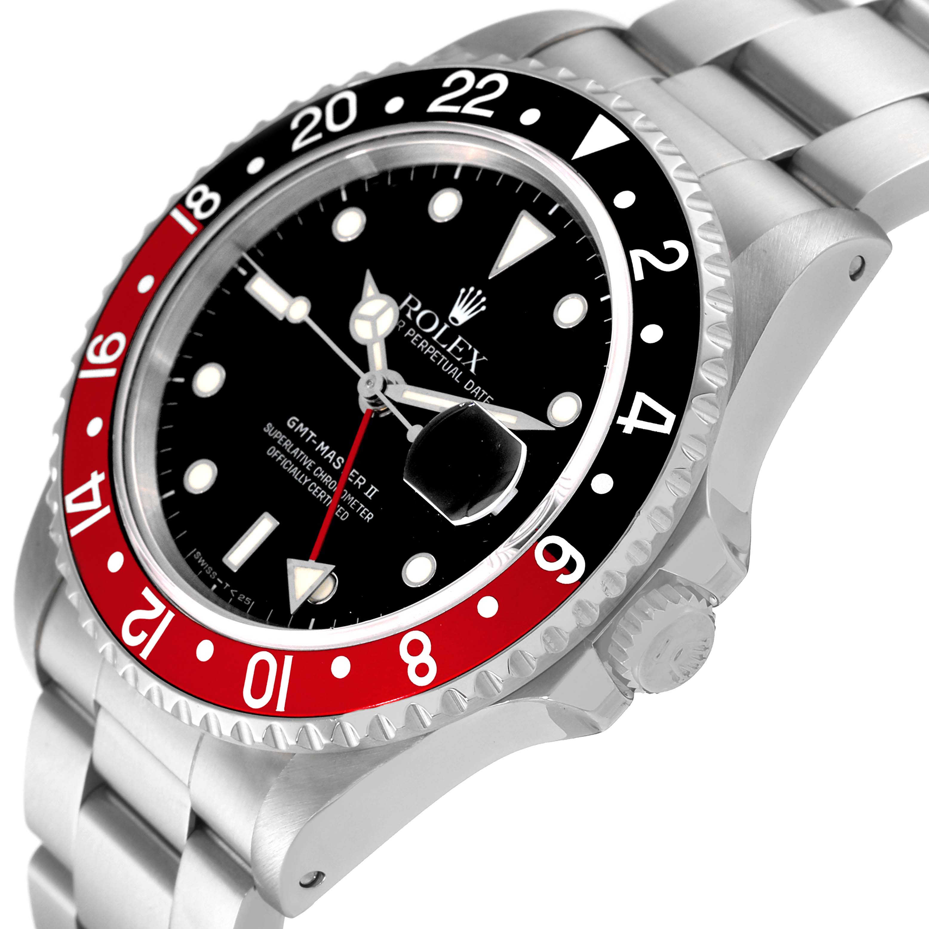 The image shows a side-angle view of a Rolex GMT-Master 16710 Men's Stainless Steel Black Dial 16710 Men's Stainless Steel Black Dial II watch, highlighting its bezel, dial, crown, and part of the bracelet.