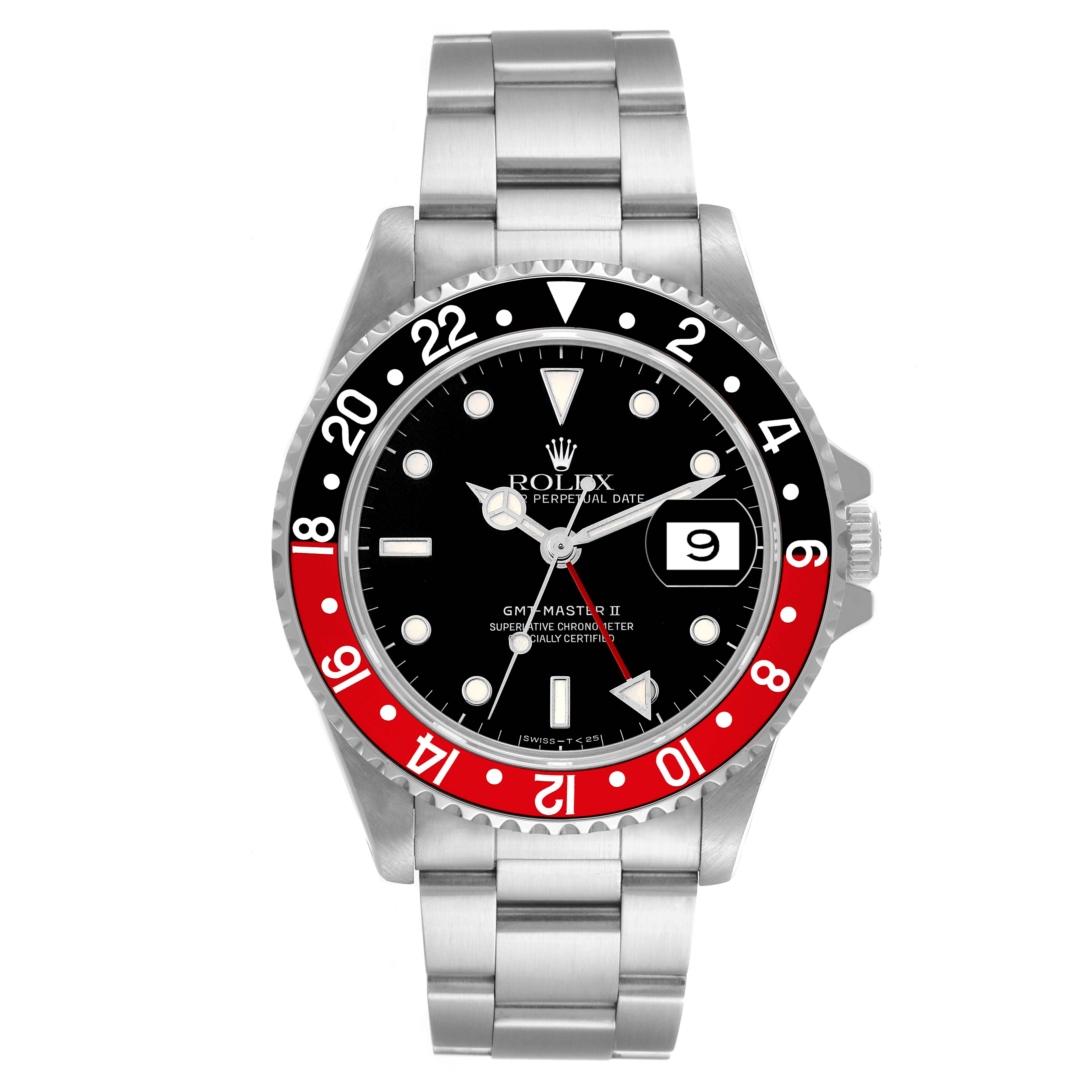 The Rolex GMT-Master 16710 Men's Stainless Steel Black Dial 16710 Men's Stainless Steel Black Dial watch is shown from a front angle, displaying its dial, bezel, and bracelet.