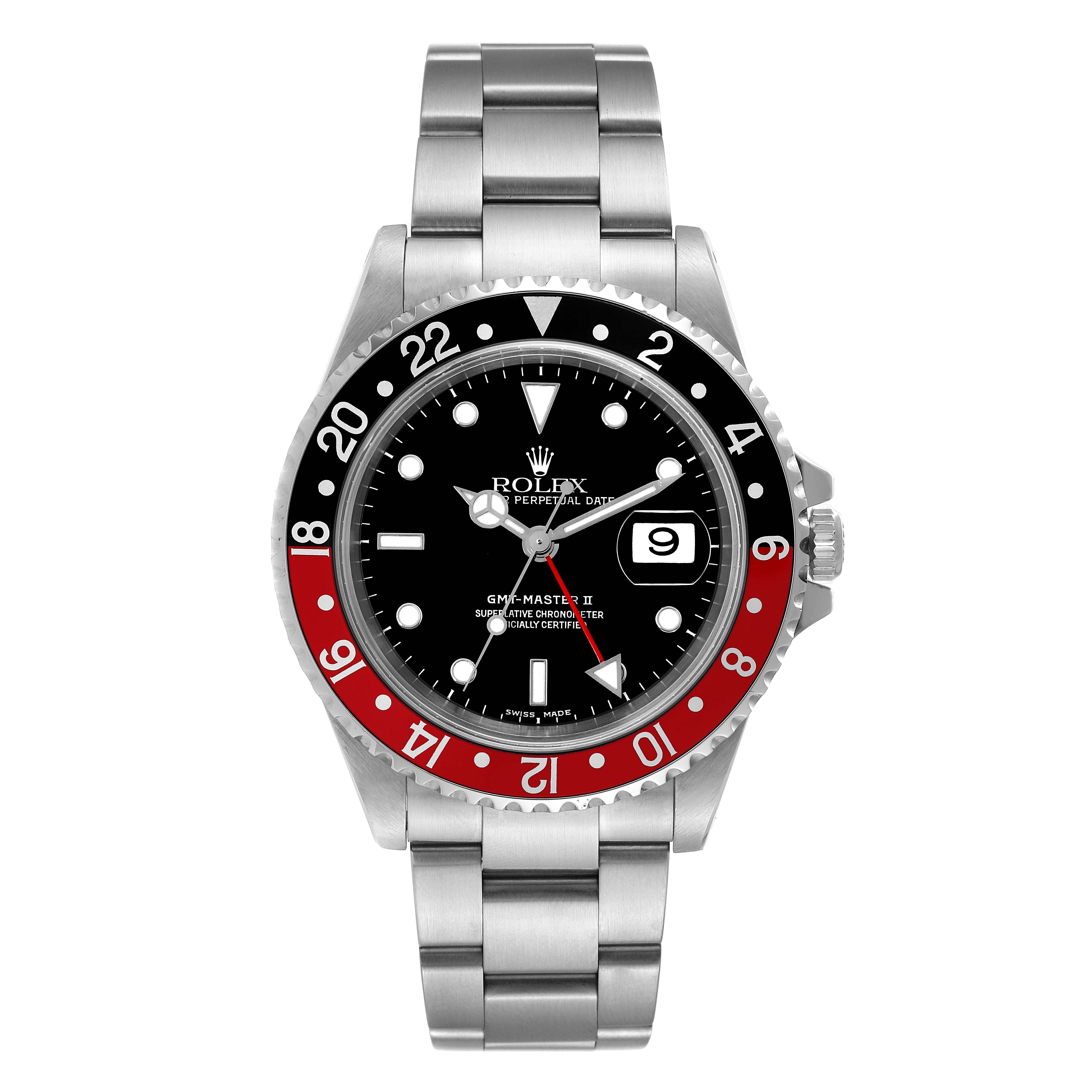 The image shows a front view of a Rolex GMT-Master 16710 Men
s Stainless Steel Black Dial 16710 Men
s Stainless Steel Black Dial II watch, featuring a black and red bezel and a stainless steel bracelet.