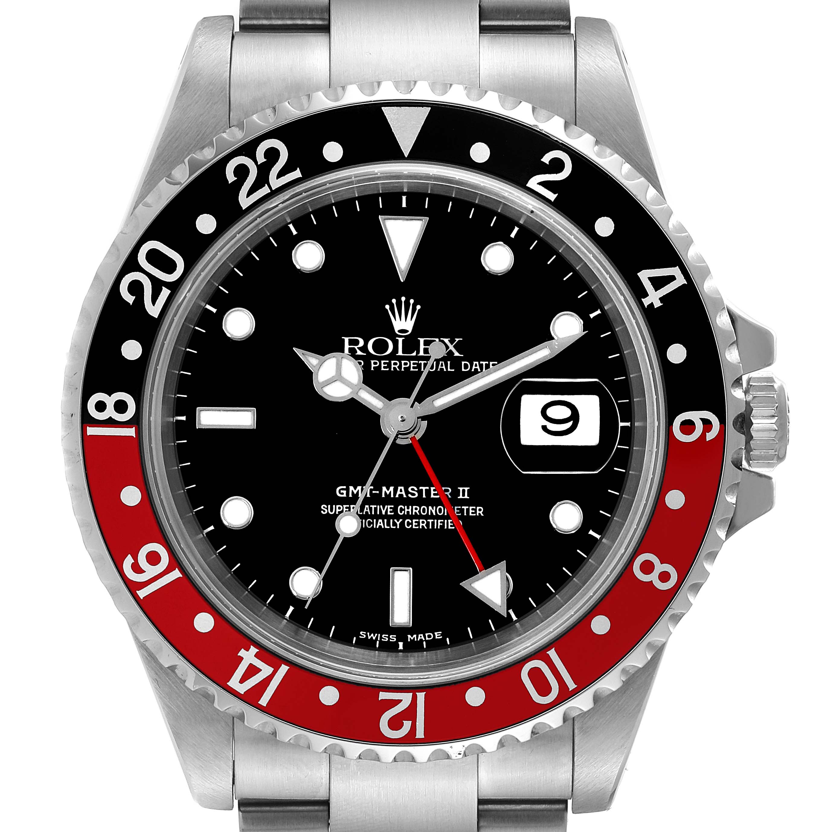 The image shows a front view of a Rolex GMT-Master 16710 Men
s Stainless Steel Black Dial 16710 Men
s Stainless Steel Black Dial II watch, highlighting its bezel, dial, hour markers, and date window.