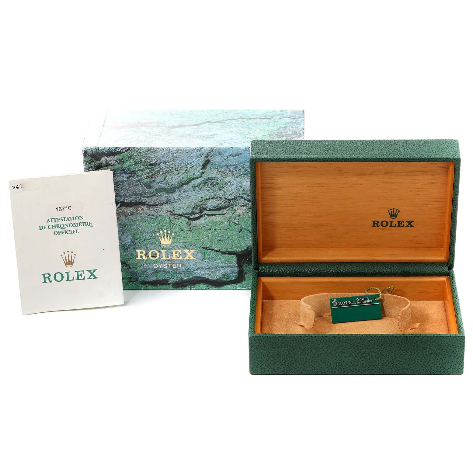 The image shows a Rolex GMT-Master 16710 Men
s Stainless Steel Black Dial 16710 Men
s Stainless Steel Black Dial box set, including the outer box, inner watch box, and official chronometer certification.