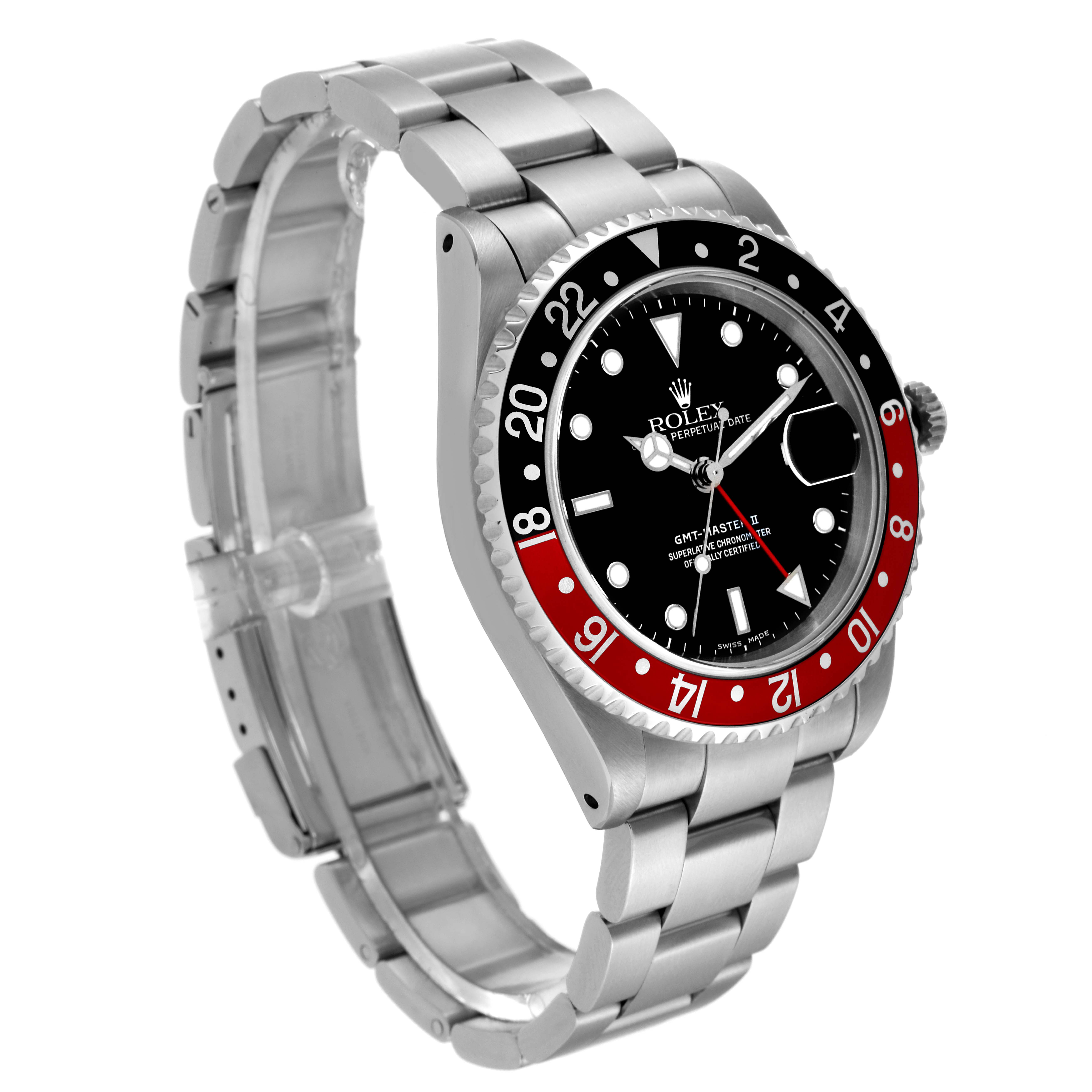 This image shows a left-side angle of the Rolex GMT-Master 16710 Men
s Stainless Steel Black Dial 16710 Men
s Stainless Steel Black Dial watch, highlighting the bezel, dial, and bracelet.