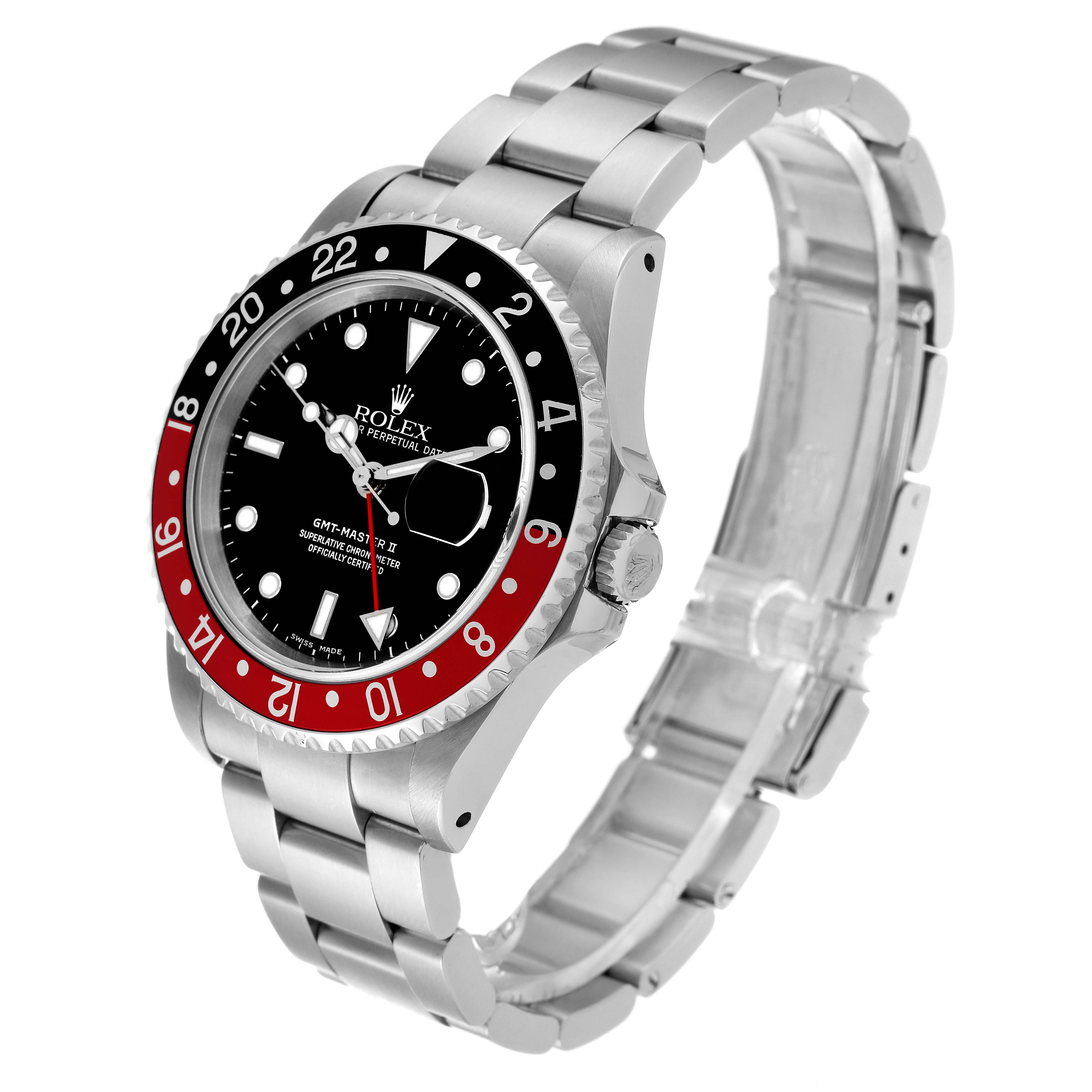 The image shows a side angle of a Rolex GMT-Master 16710 Men
s Stainless Steel Black Dial 16710 Men
s Stainless Steel Black Dial II watch, highlighting the bracelet, bezel, and face.