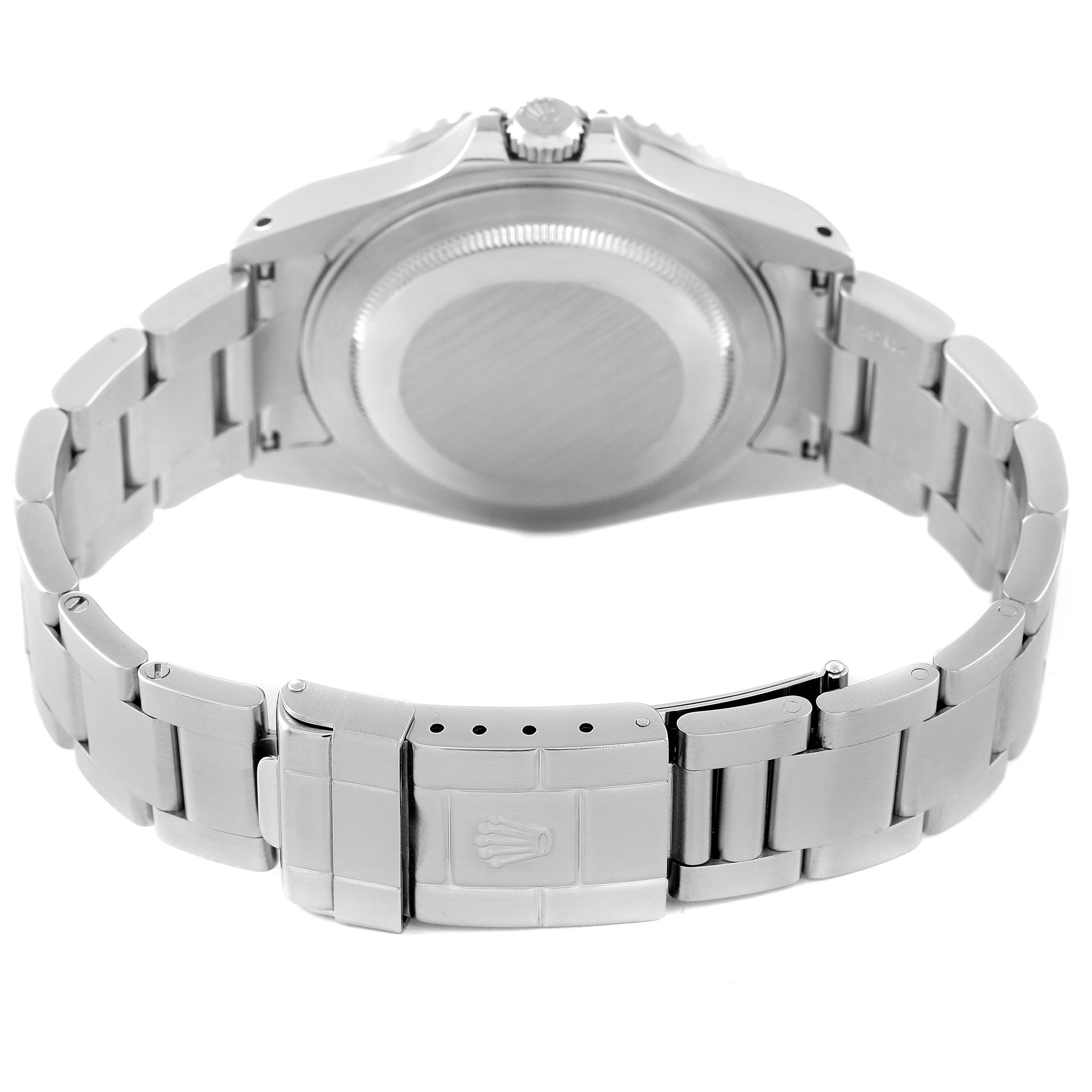 The image shows the back case, bracelet, and clasp of a Rolex GMT-Master 16710 Men
s Stainless Steel Black Dial 16710 Men
s Stainless Steel Black Dial watch at an angle from behind.