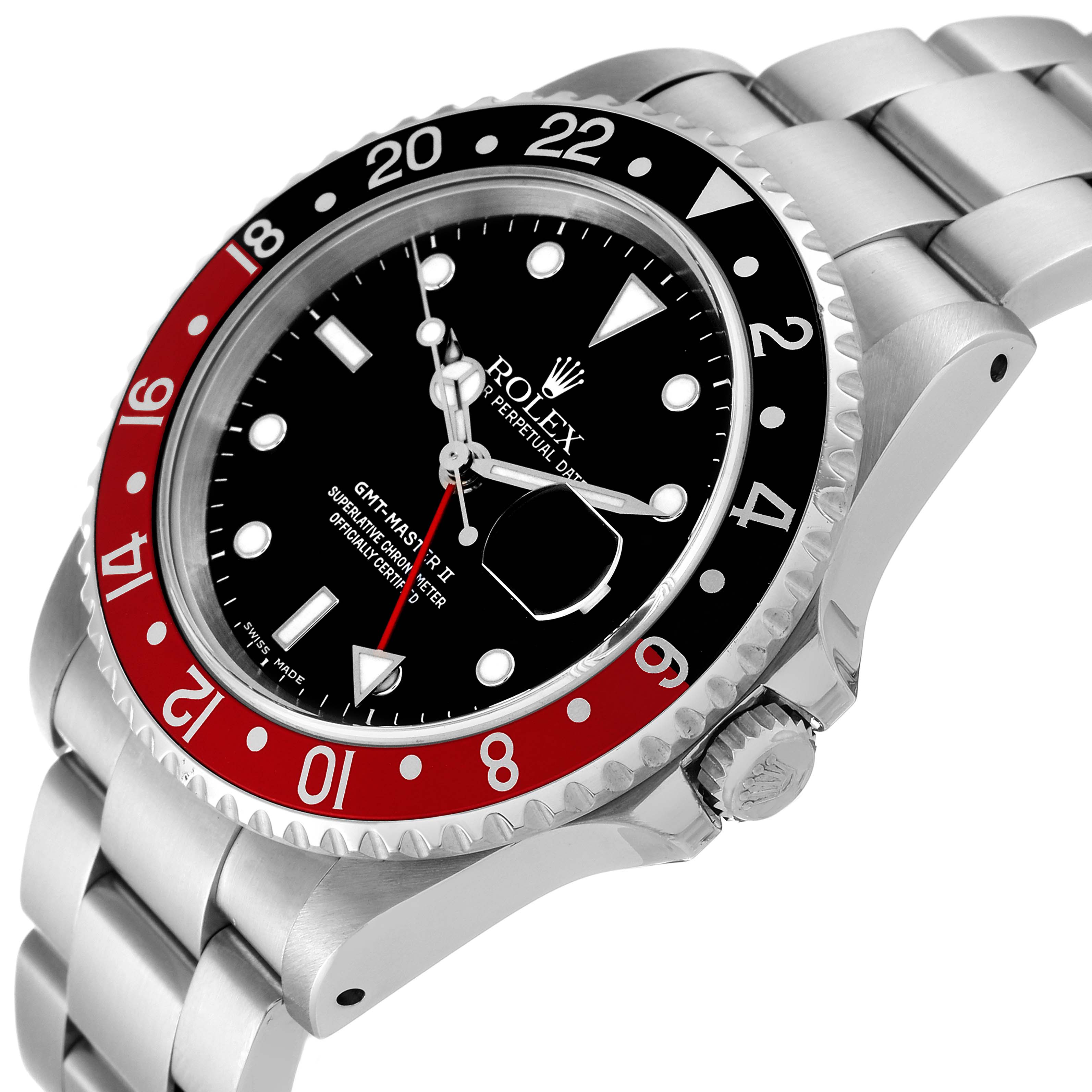 The image shows a close-up angle of the Rolex GMT-Master 16710 Men
s Stainless Steel Black Dial 16710 Men
s Stainless Steel Black Dial II, highlighting the bezel, dial, crown, and part of the bracelet.