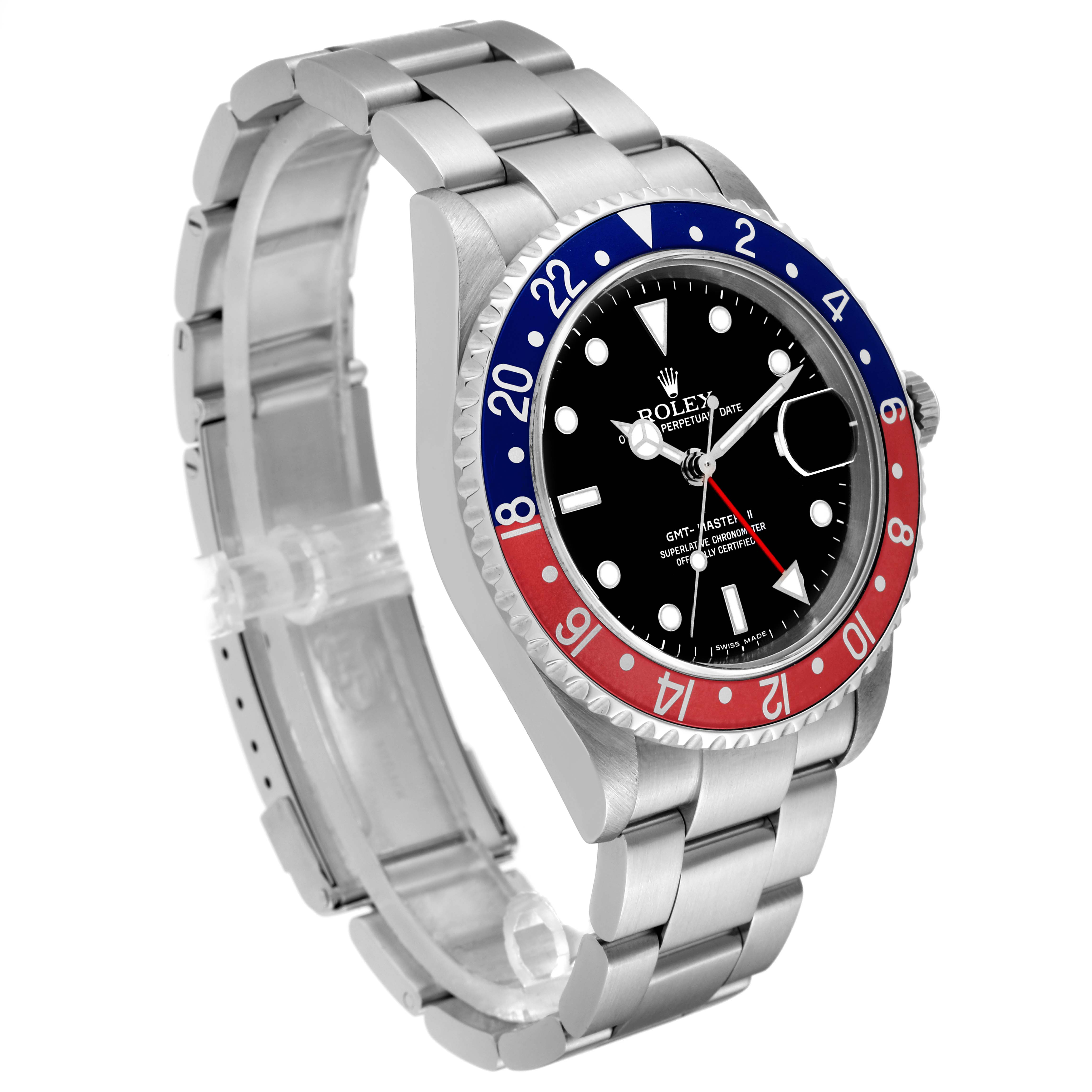 This image shows a Rolex GMT-Master 16710 Men
s Stainless Steel Black Dial 16710 Men
s Stainless Steel Black Dial watch at a slight angle, featuring its bezel, dial, and bracelet.