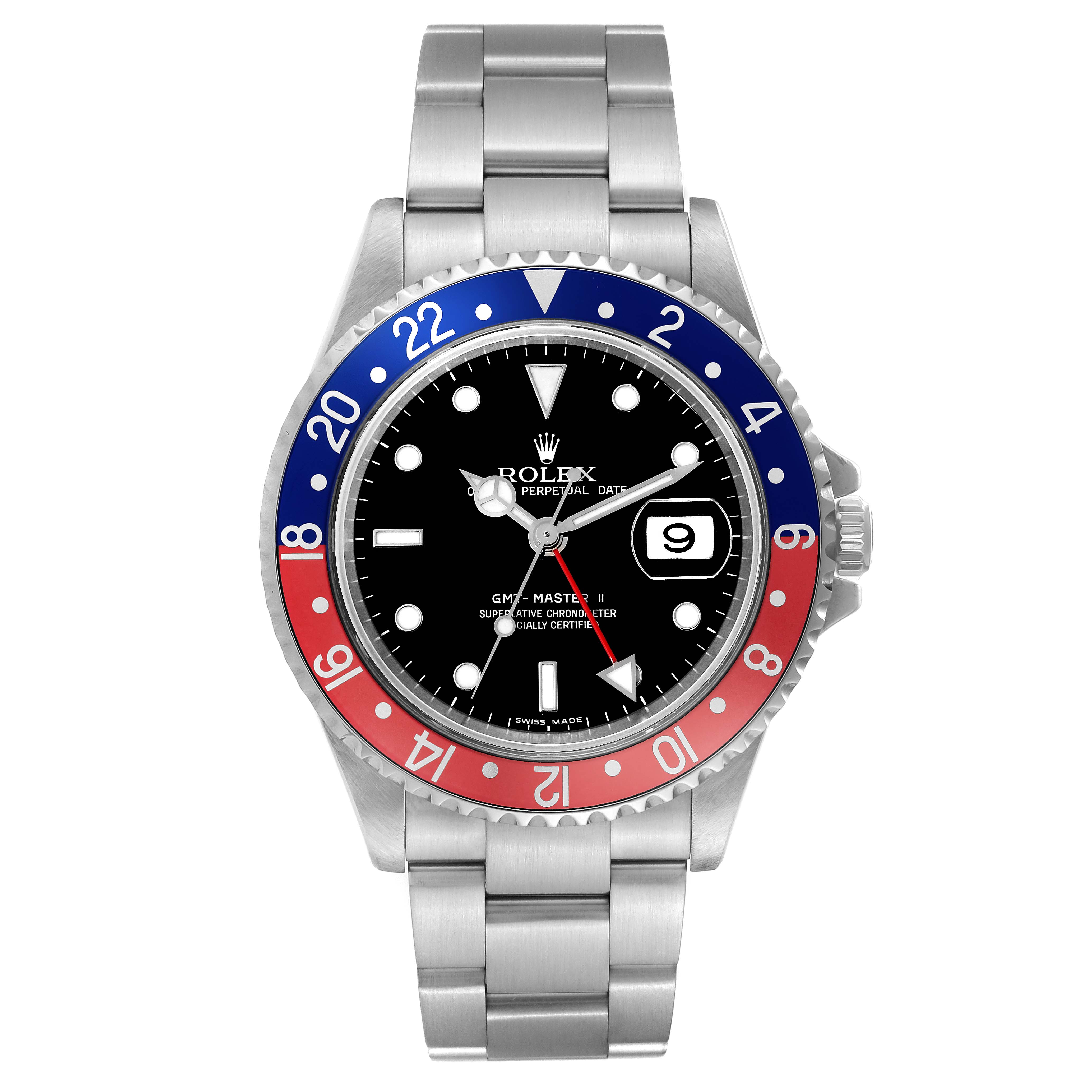 The image shows a Rolex GMT-Master 16710 Men
s Stainless Steel Black Dial 16710 Men
s Stainless Steel Black Dial watch from a front angle, featuring its dial, bezel, hands, and bracelet.