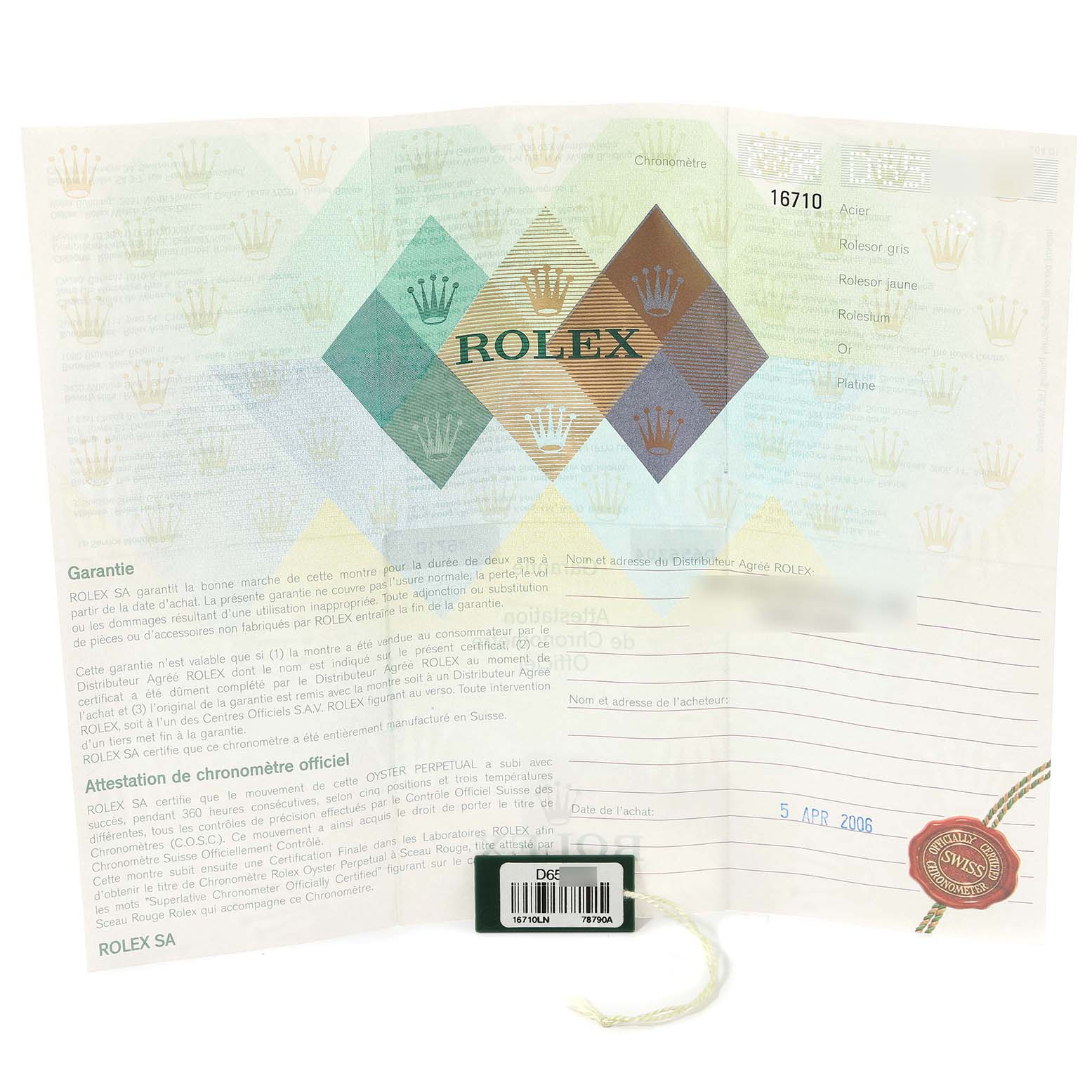 This image shows the warranty and Best Quality
ity papers for a Rolex GMT-Master 16710 Men
s Stainless Steel Black Dial 16710 Men
s Stainless Steel Black Dial watch, model 16710, dated April 5, 2006.