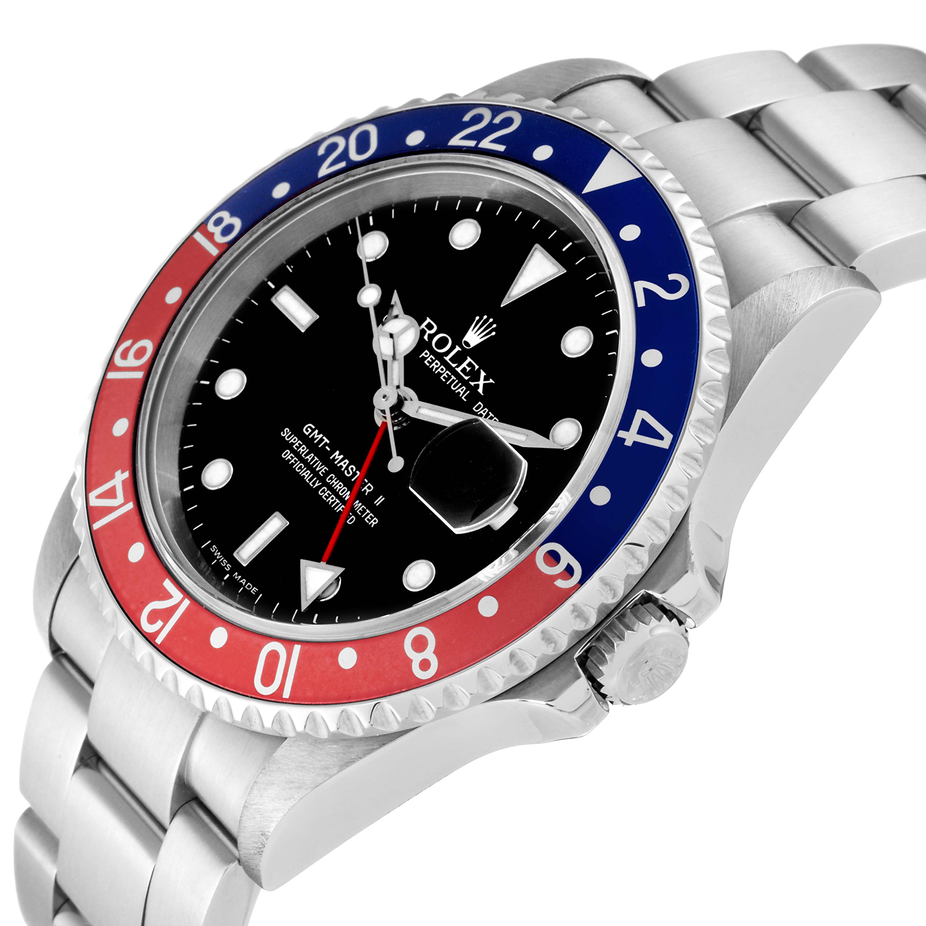The image shows a side angle of a Rolex GMT-Master 16710 Men
s Stainless Steel Black Dial 16710 Men
s Stainless Steel Black Dial watch, displaying its bezel, dial, crown, and bracelet.