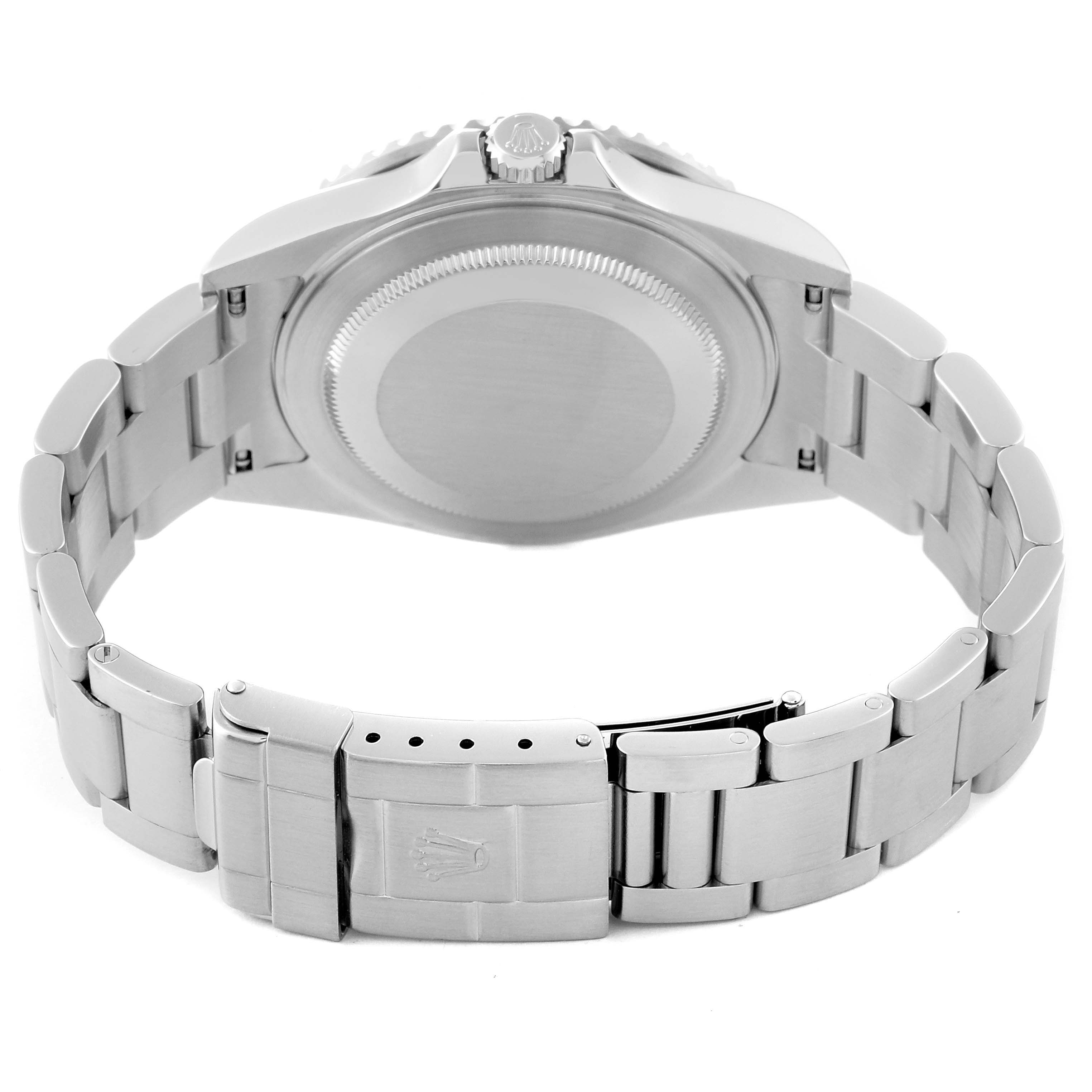 This image shows the back and clasp of a Rolex GMT-Master 16710 Men
s Stainless Steel Black Dial 16710 Men
s Stainless Steel Black Dial watch, highlighting its stainless steel bracelet and case back.