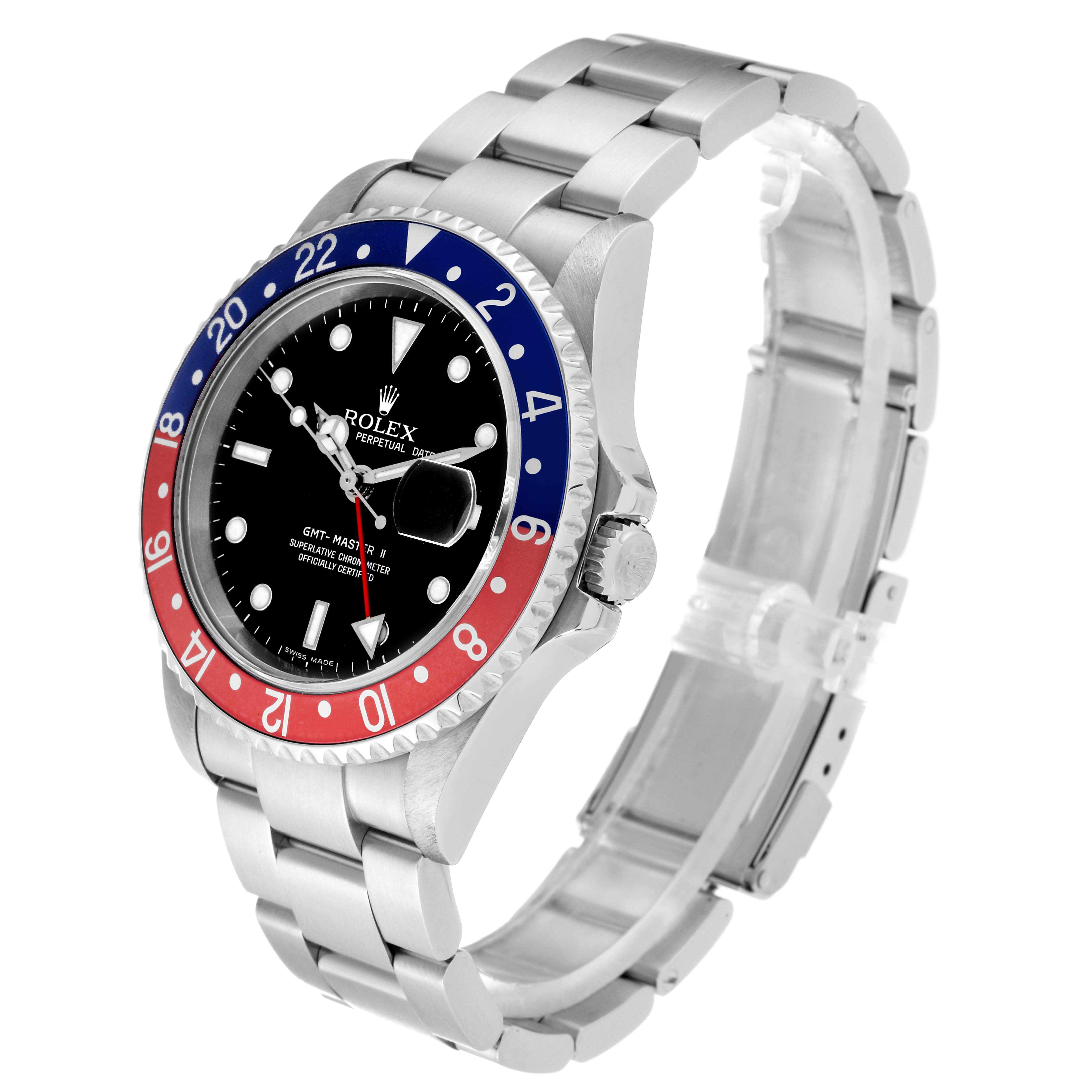 The Rolex GMT-Master 16710 Men
s Stainless Steel Black Dial 16710 Men
s Stainless Steel Black Dial watch is shown at a three-quarter angle, detailing the bezel, dial, case, and bracelet.