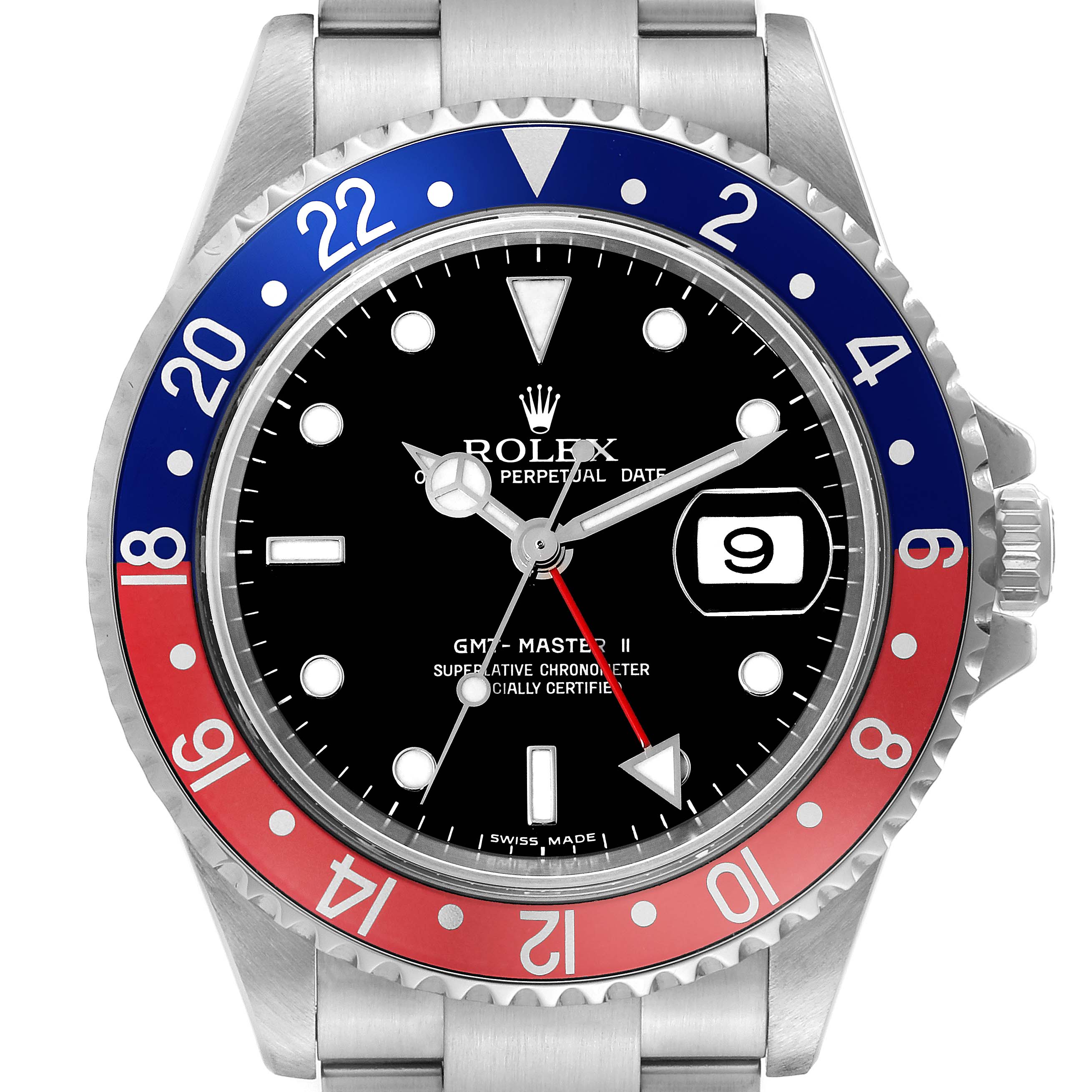 The image shows a front view of the Rolex GMT-Master 16710 Men
s Stainless Steel Black Dial 16710 Men
s Stainless Steel Black Dial II watch, highlighting its bezel, dial, hands, and date window.