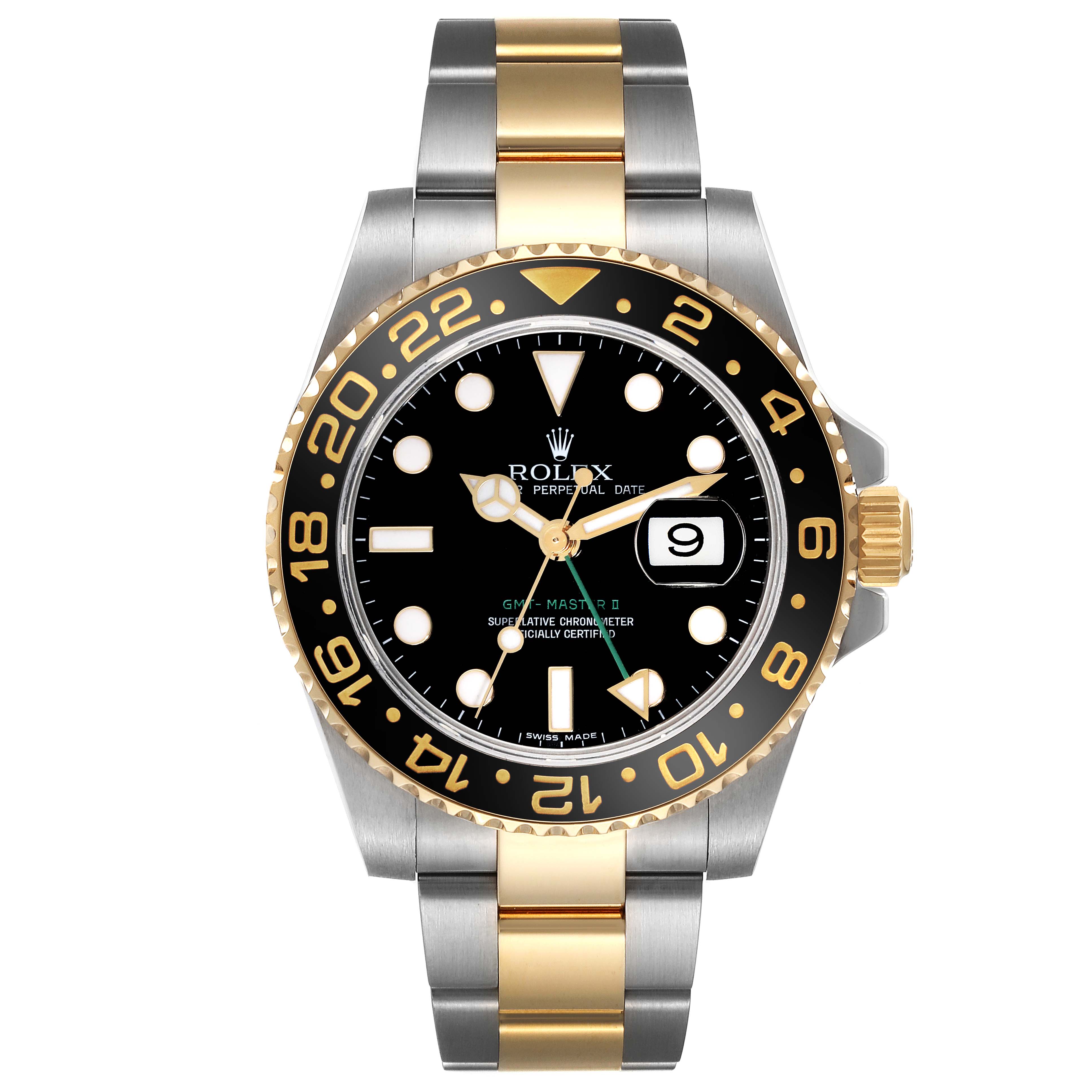 This image shows a front view of a Rolex GMT-Master 116713 Men's Steel and Gold (two tone) Black Dial 116713 Men's Steel and Gold (two tone) Black Dial watch, featuring its black dial, two-tone bracelet, and date display.
