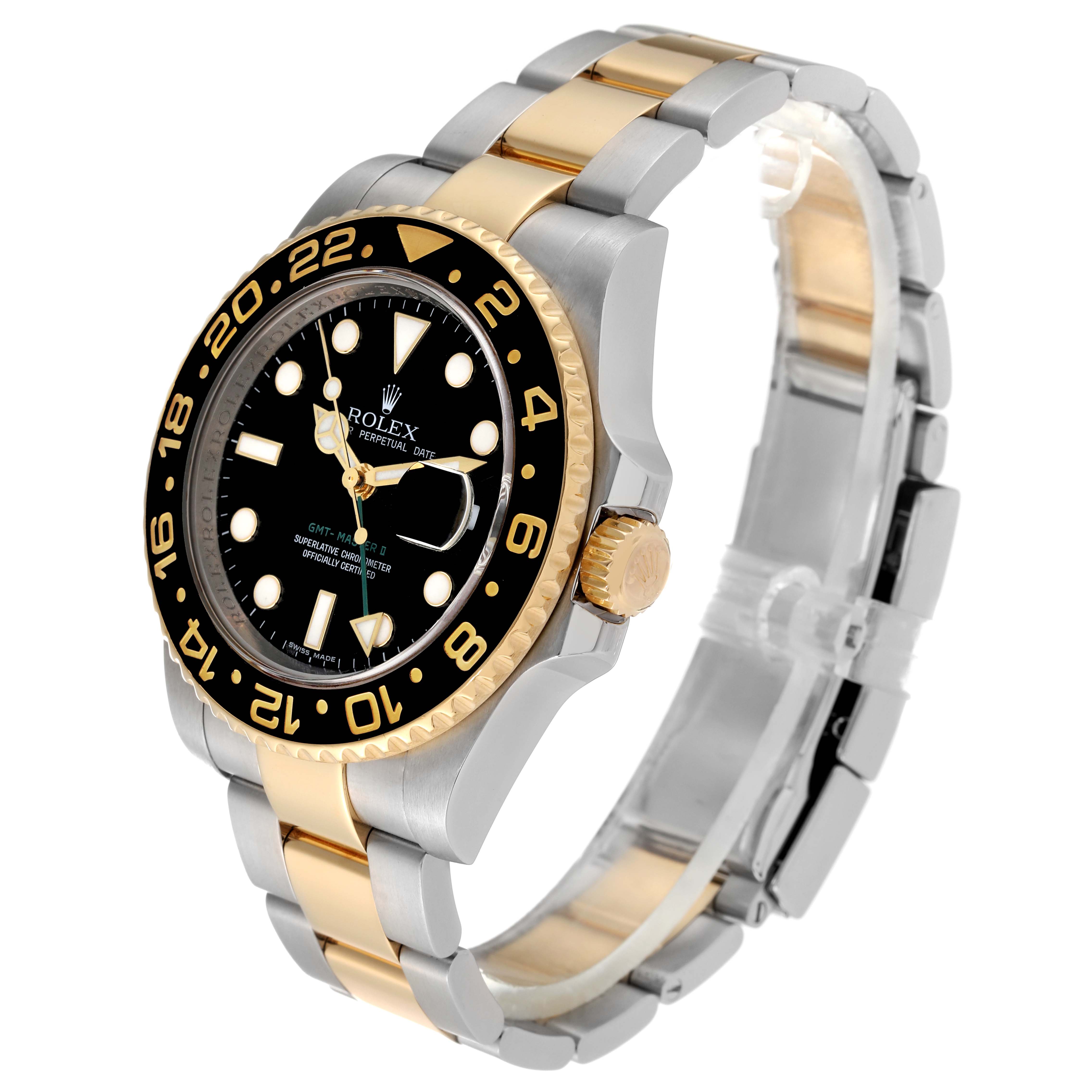 The Rolex GMT-Master 116713 Men's Steel and Gold (two tone) Black Dial 116713 Men's Steel and Gold (two tone) Black Dial watch is shown at a slight angle displaying the face, bezel, crown, and bracelet clearly.
