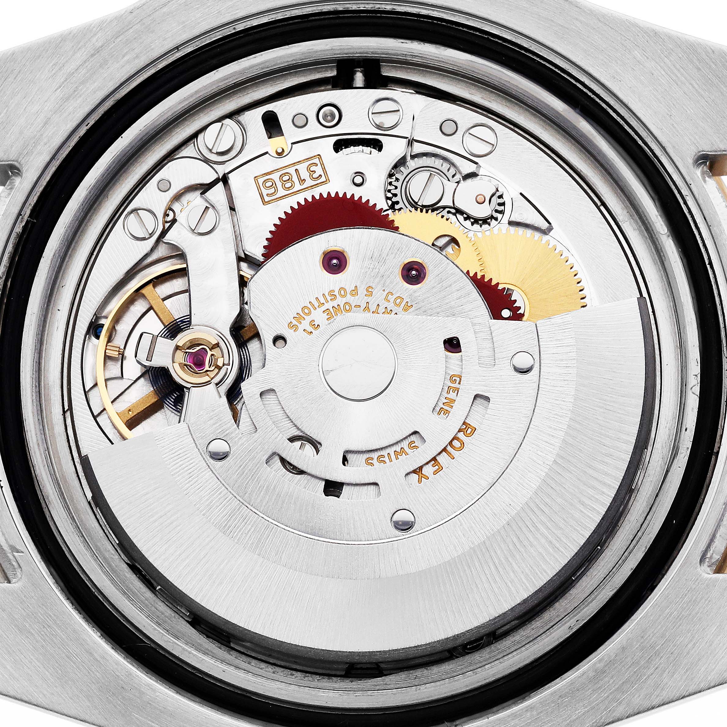 This image shows the movement assembly of a Rolex GMT-Master 116713 Men's Steel and Gold (two tone) Black Dial 116713 Men's Steel and Gold (two tone) Black Dial watch from a backside angle, highlighting its internal components.