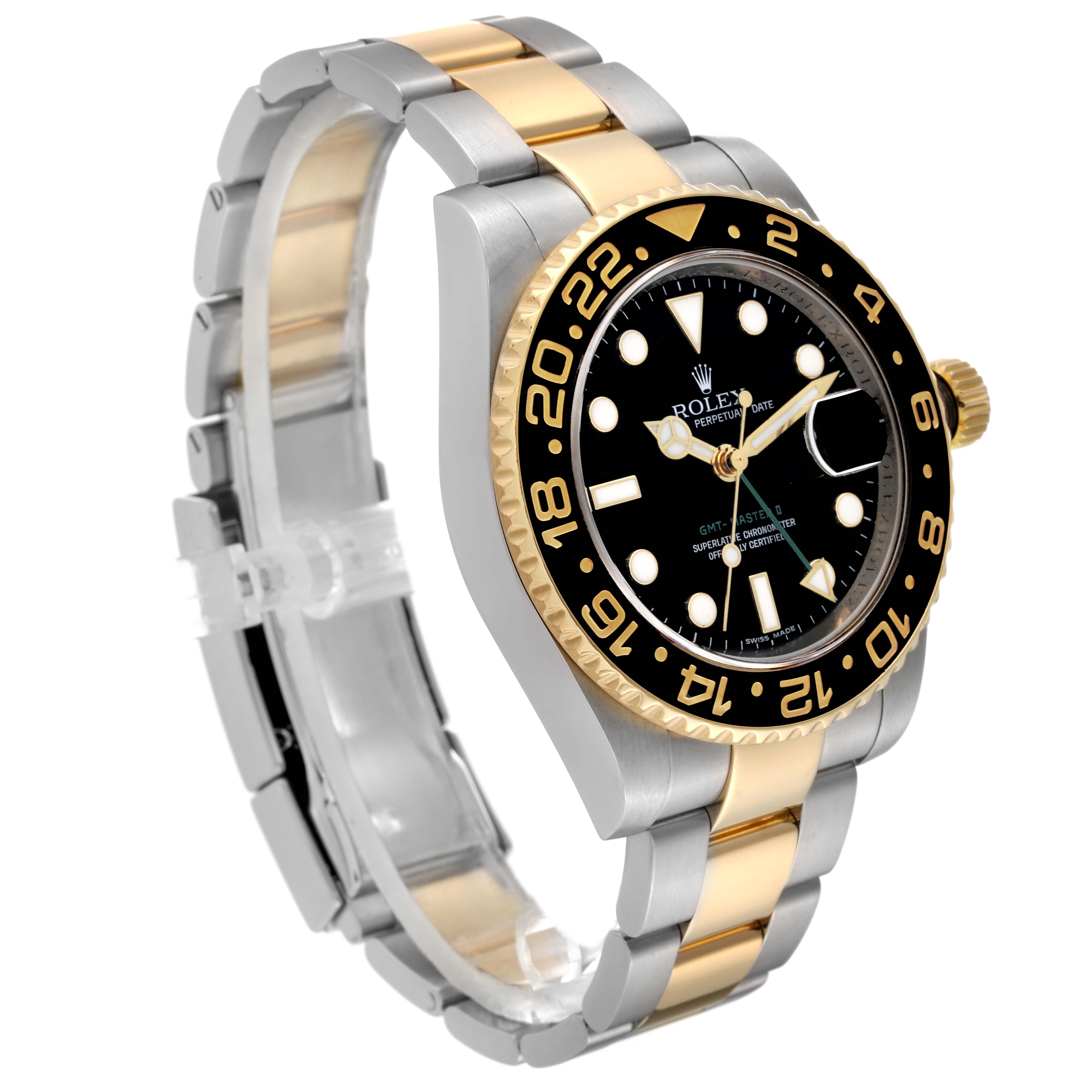 The image shows a Rolex GMT-Master 116713 Men's Steel and Gold (two tone) Black Dial 116713 Men's Steel and Gold (two tone) Black Dial watch at a three-quarter angle, highlighting the face, bezel, and two-tone bracelet.