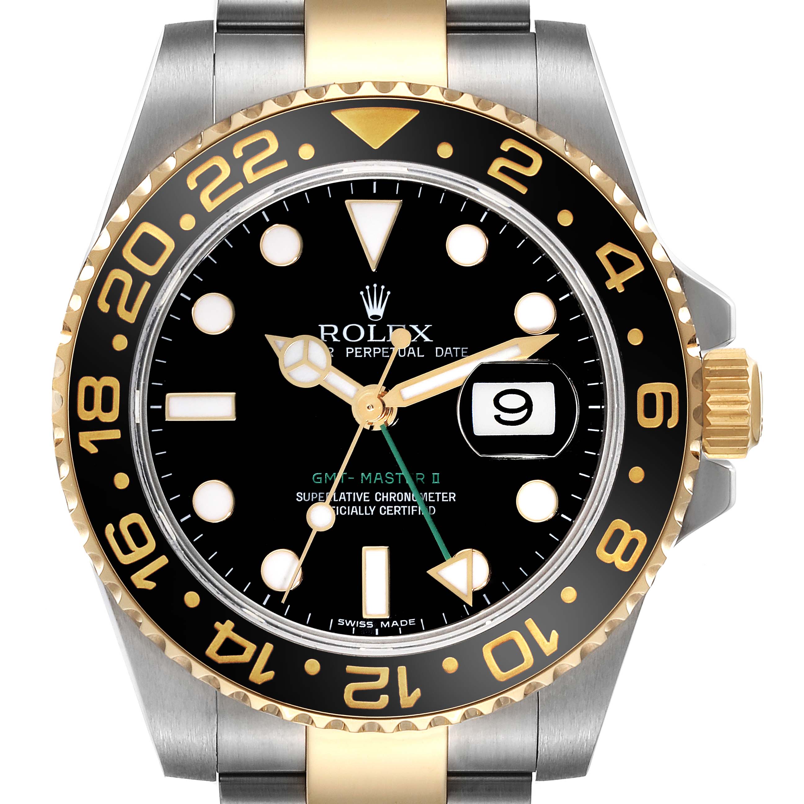 This image shows a Rolex GMT-Master 116713 Men's Steel and Gold (two tone) Black Dial 116713 Men's Steel and Gold (two tone) Black Dial II watch from a front view, highlighting the dial, bezel, and part of the bracelet.