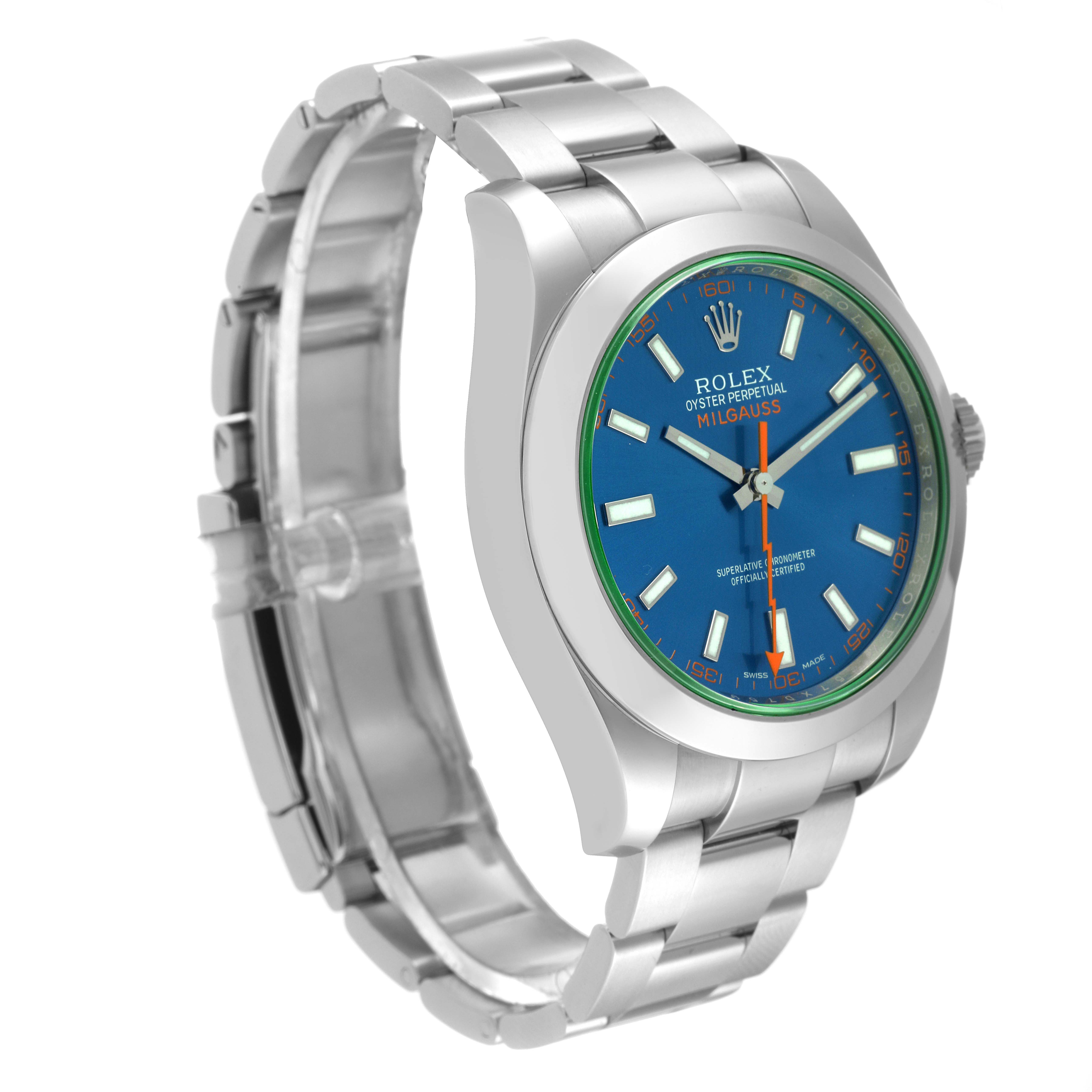 This image shows a side angle of a Rolex Milgauss 116400 Men
s Stainless Steel Blue Dial 116400 Men
s Stainless Steel Blue Dial watch, highlighting the face, bracelet, and clasp.