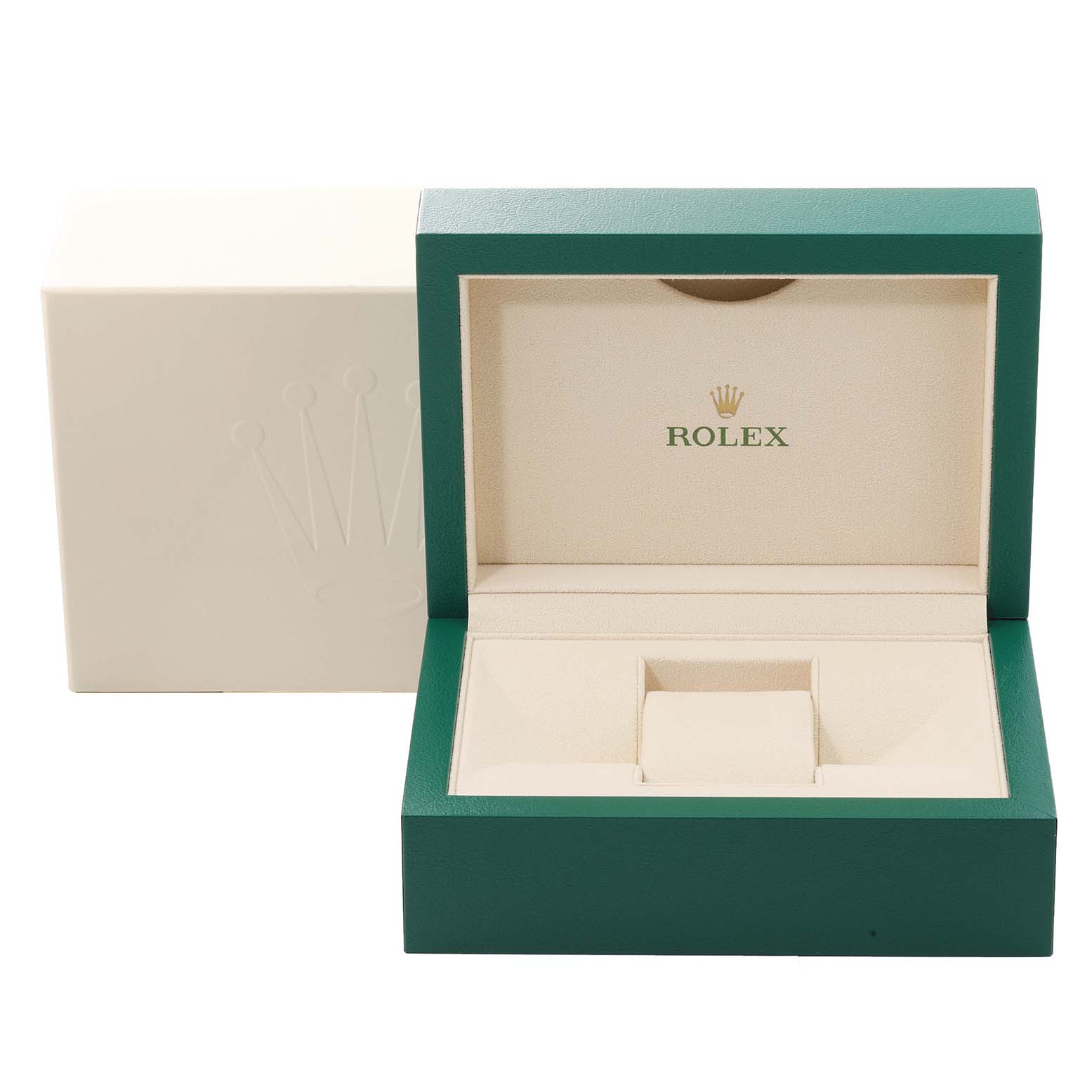This image shows an open green and beige Rolex watch box, specifically for the Milgauss model.