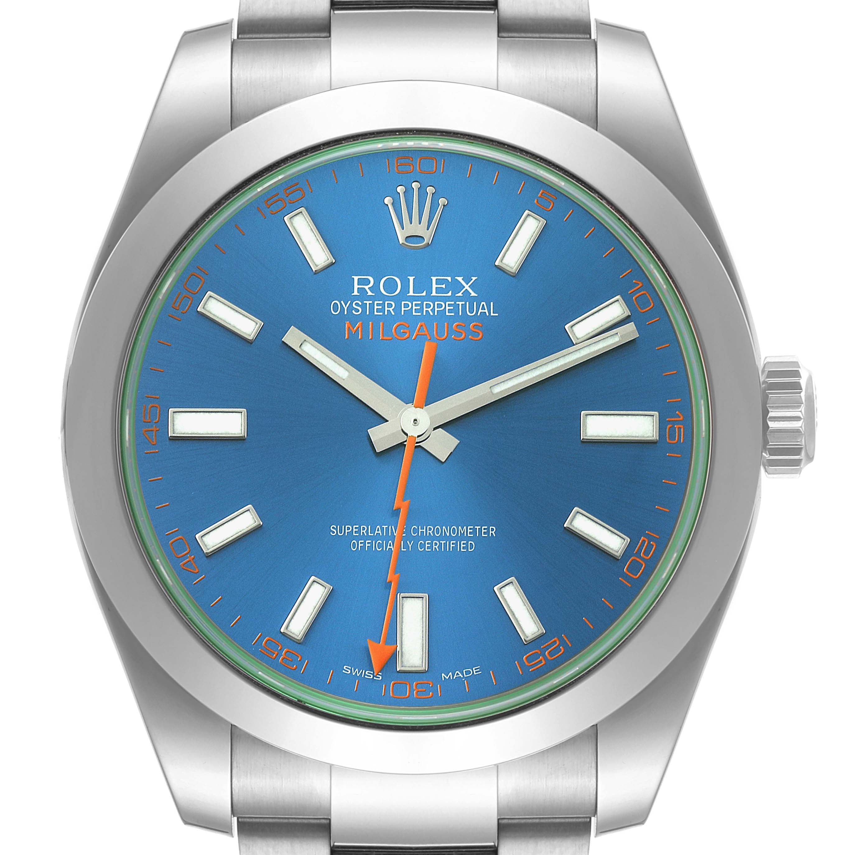 The image shows the front face of a Rolex Milgauss 116400 Men
s Stainless Steel Blue Dial 116400 Men
s Stainless Steel Blue Dial watch, featuring its blue dial, orange lightning-bolt seconds hand, and stainless steel bracelet.