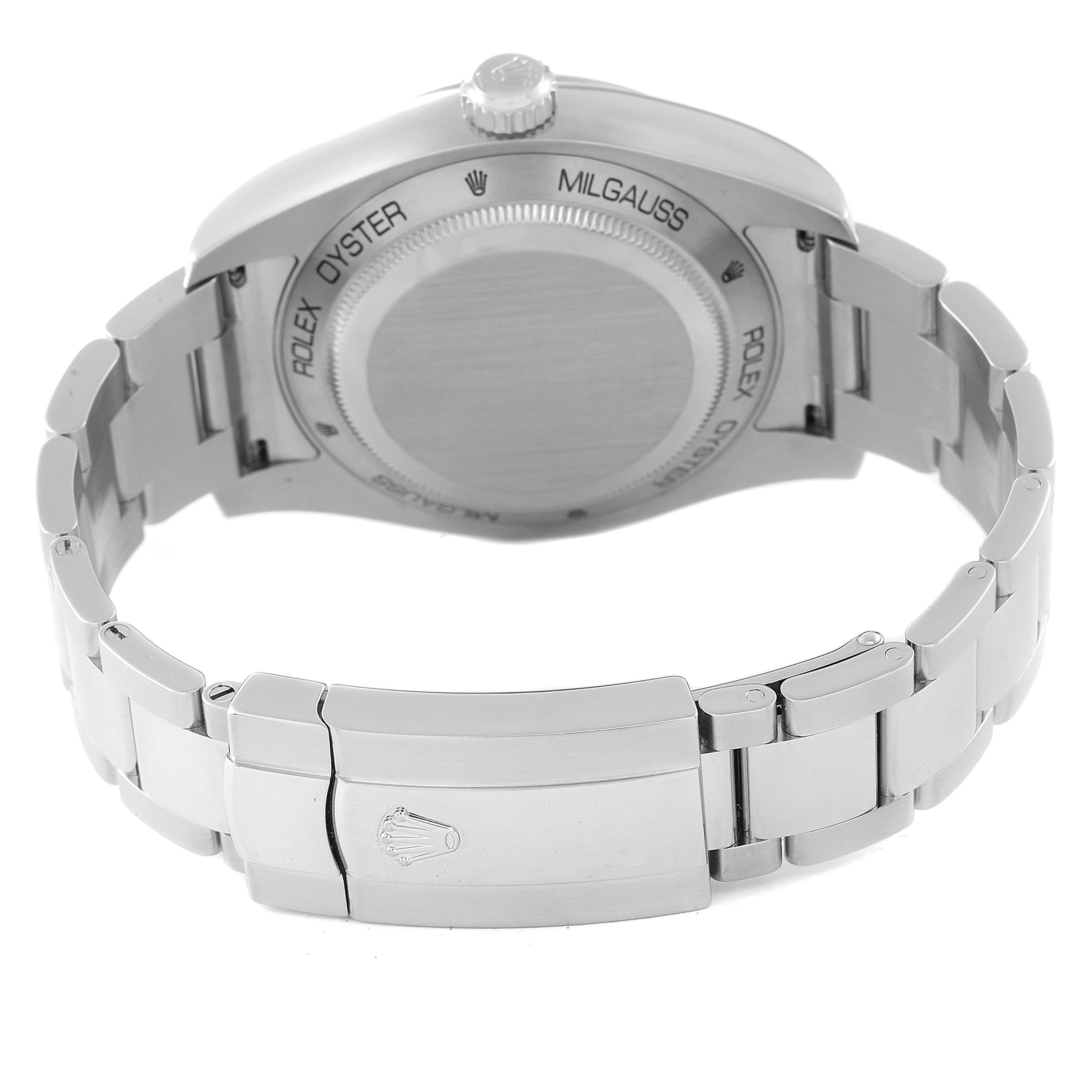 This image shows the back and bracelet of a Rolex Milgauss 116400 Men
s Stainless Steel Blue Dial 116400 Men
s Stainless Steel Blue Dial watch from a rear angle.